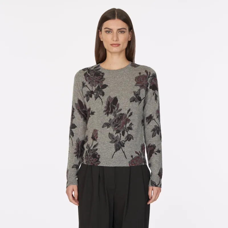 Tonal Floral Print Crew in Cement sold by Autumn Cashmere