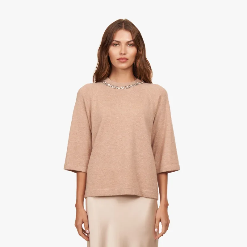 Oversized Tee W/ Rhinestone Trim in Cappuccino sold by Autumn Cashmere