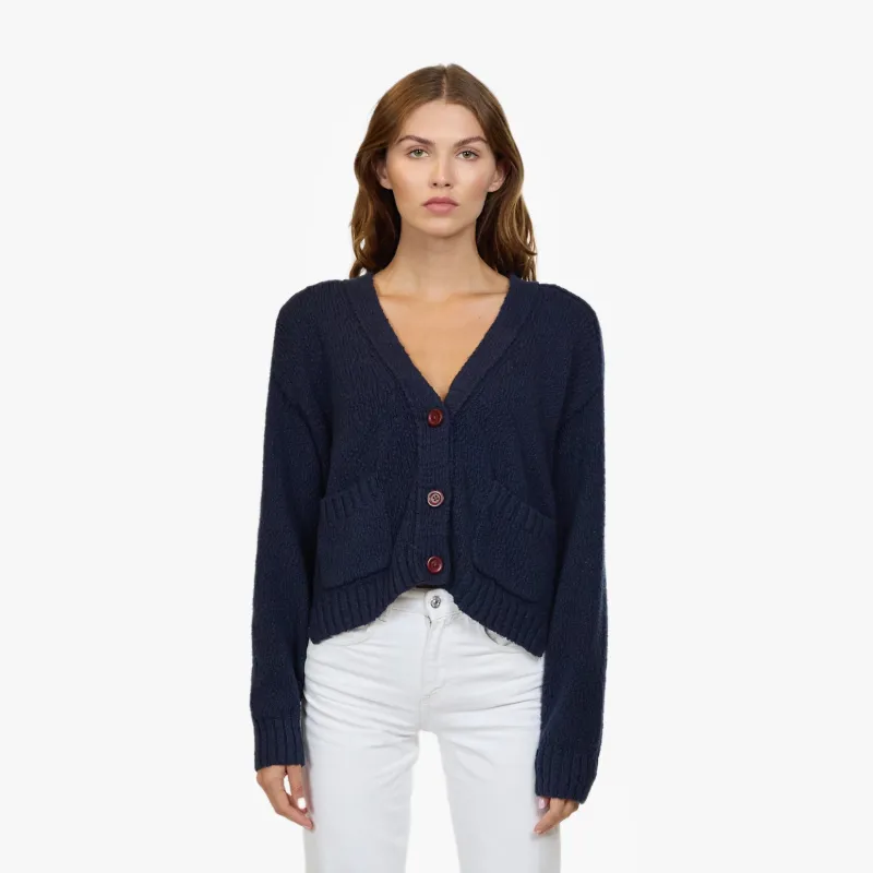 Cropped V Neck Cardigan W/ Pockets in Navy sold by Autumn Cashmere