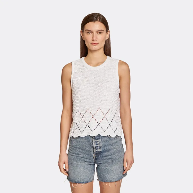 Texture Stitch Shell w/ Pointelle Diamond Border in Bleach White sold by Autumn Cashmere