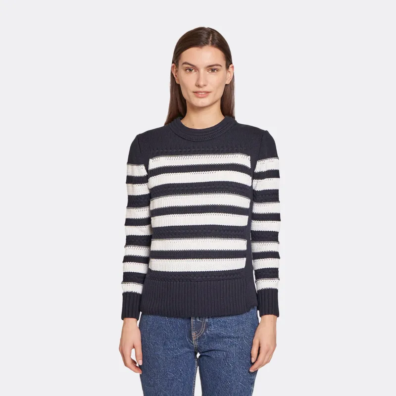 Mixed Stitch Stripe Crew in Navy/Bleach sold by Autumn Cashmere