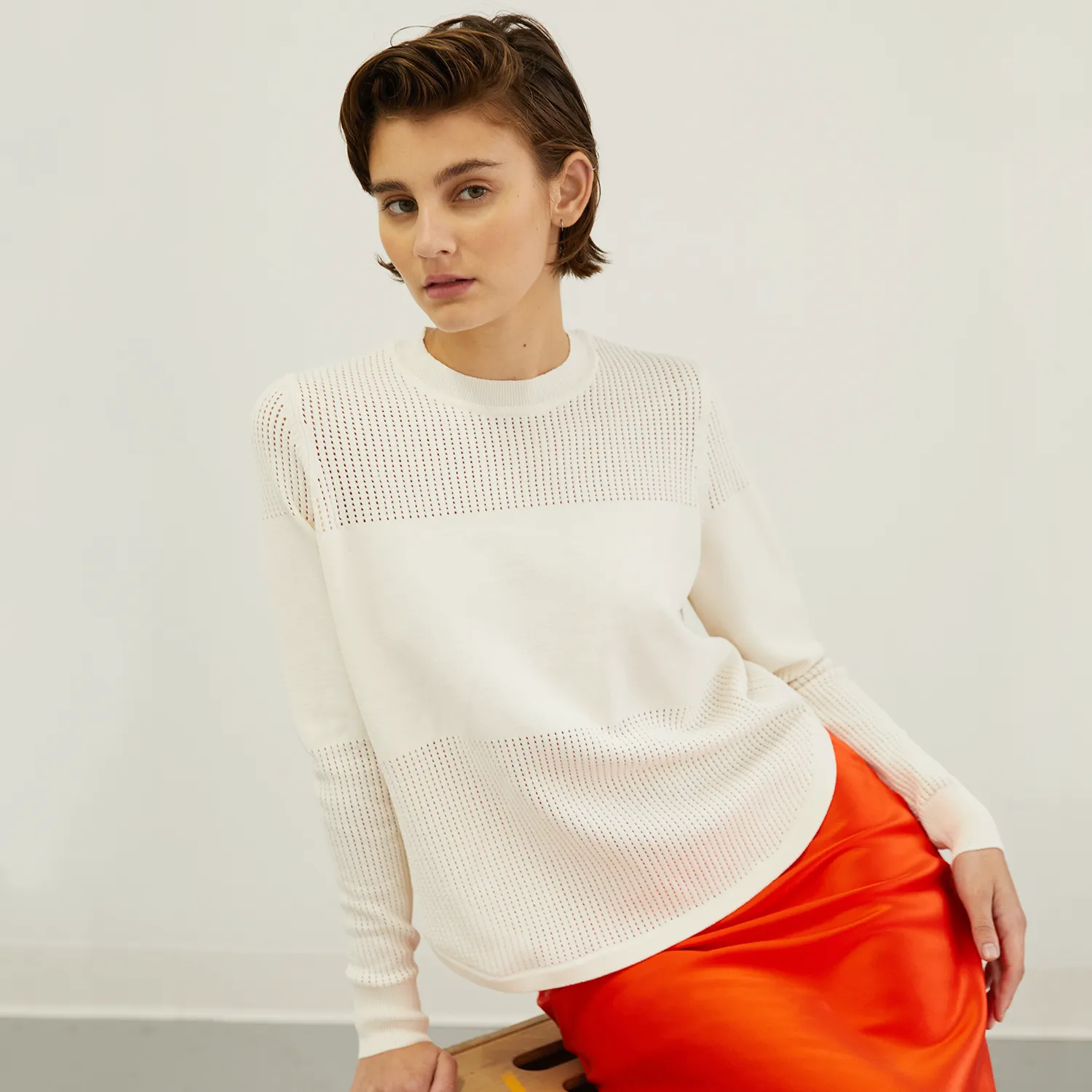 Mesh Block Shirttail Crew in White sold by Autumn Cashmere