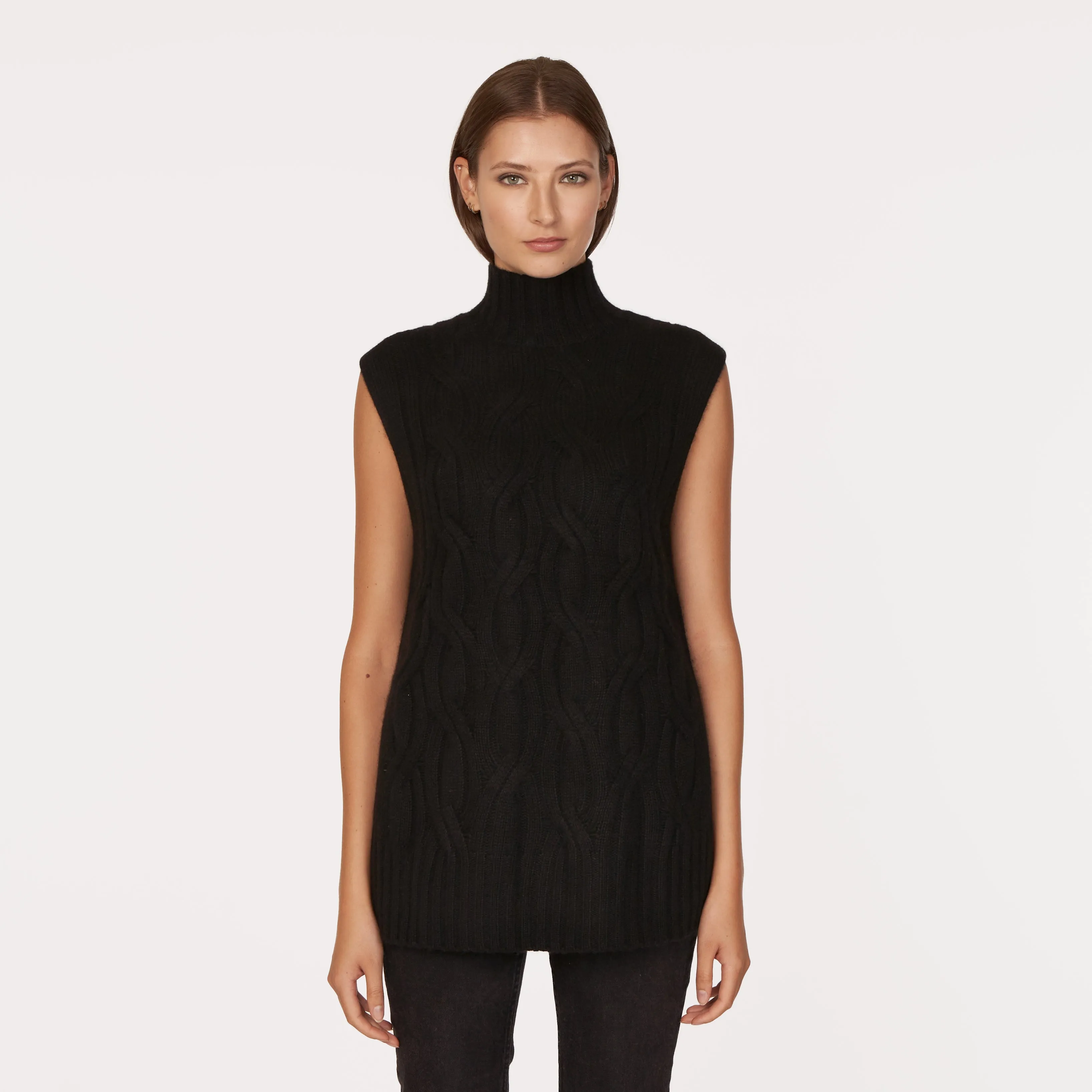 Chunky Cable Sleeveless Tunic in Ebony sold by Autumn Cashmere