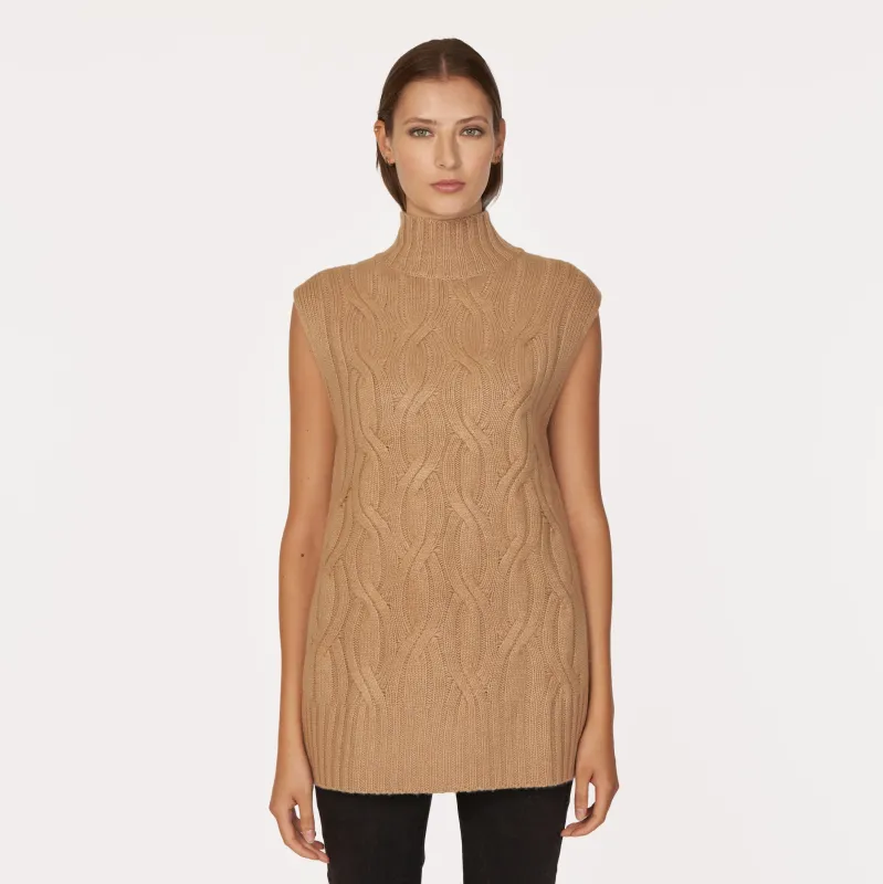Chunky Cable Sleeveless Tunic in Camel sold by Autumn Cashmere