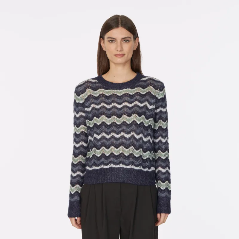Pointelle Wavy Stripe Crew in Galaxy sold by Autumn Cashmere