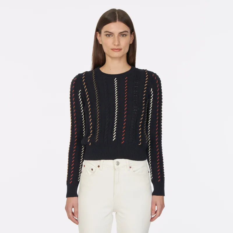 Cable Crew W/ Multi Color Lacing in Navy sold by Autumn Cashmere