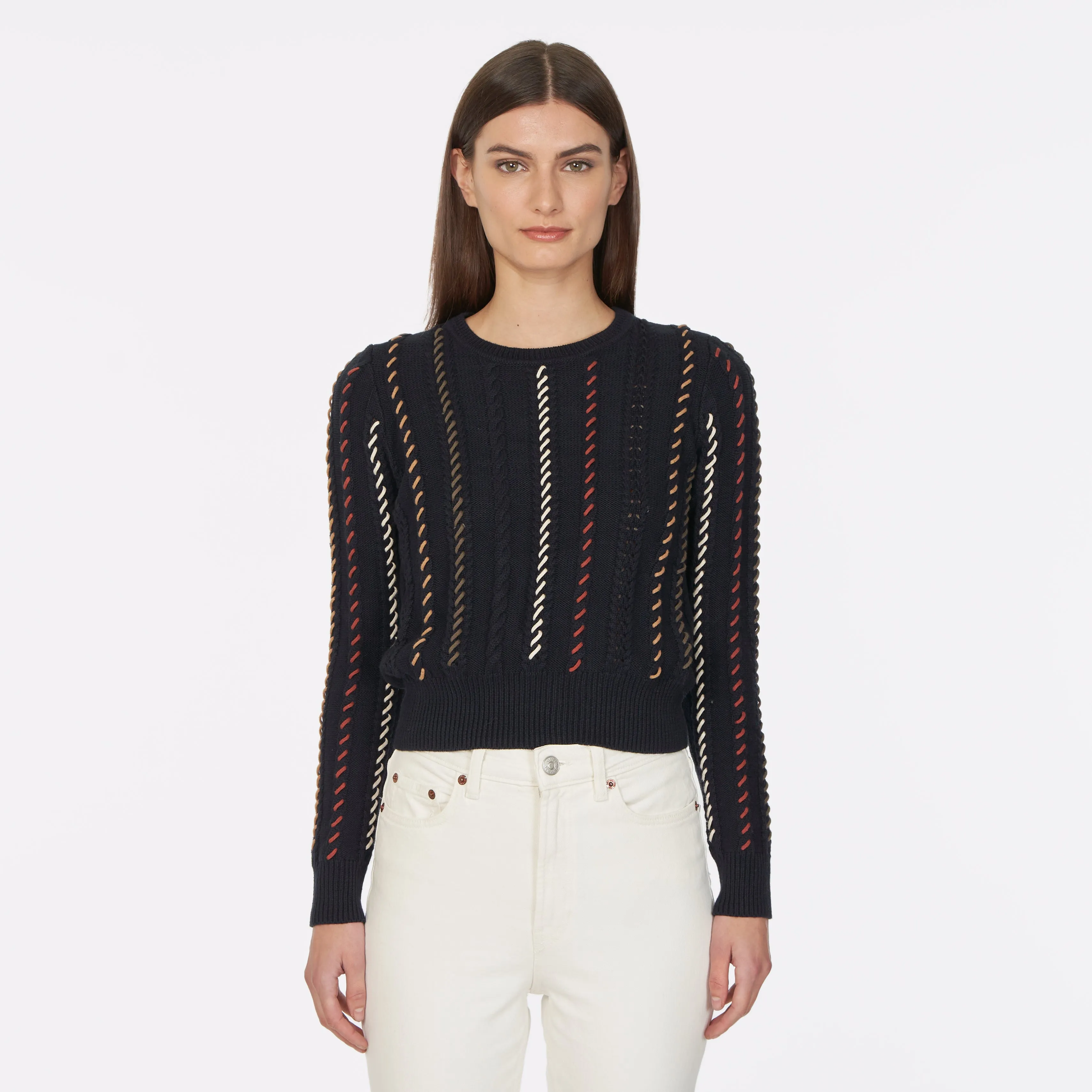 Cable Crew W/ Multi Color Lacing in Navy sold by Autumn Cashmere