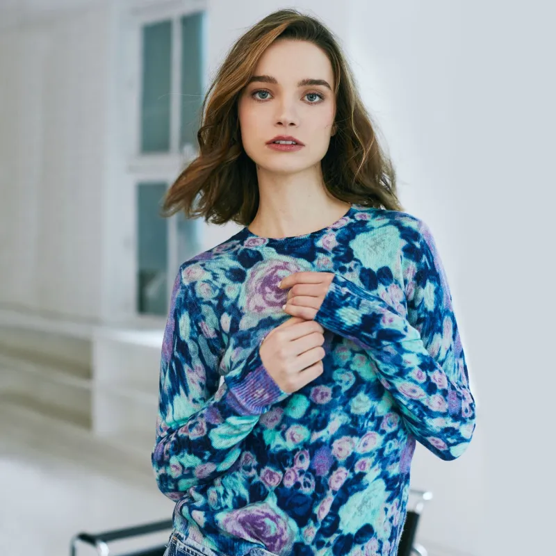 Multi Color Floral Crew in Blue sold by Autumn Cashmere