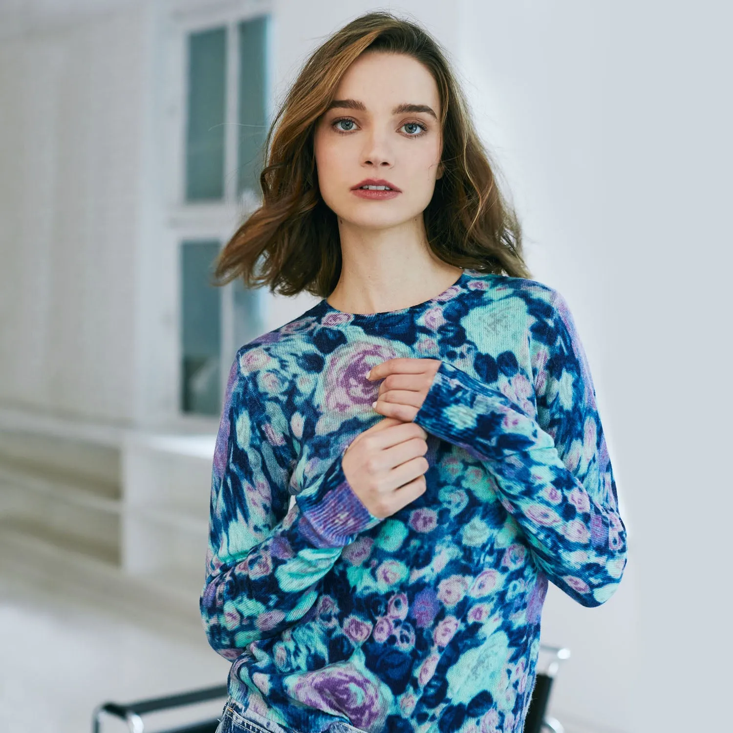 Multi Color Floral Crew in Blue sold by Autumn Cashmere