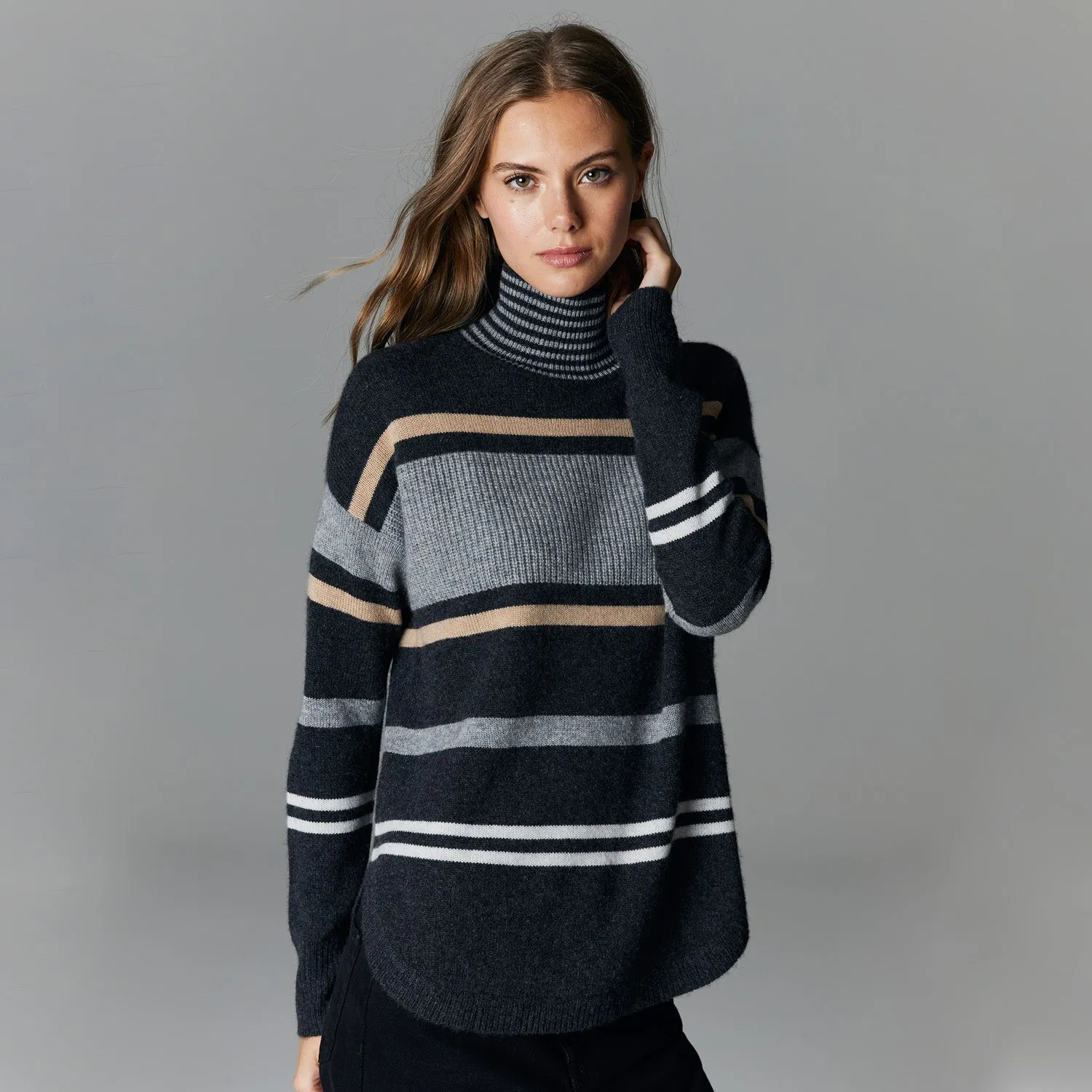 Striped Mock W/ Shirttail in Pepper sold by Autumn Cashmere
