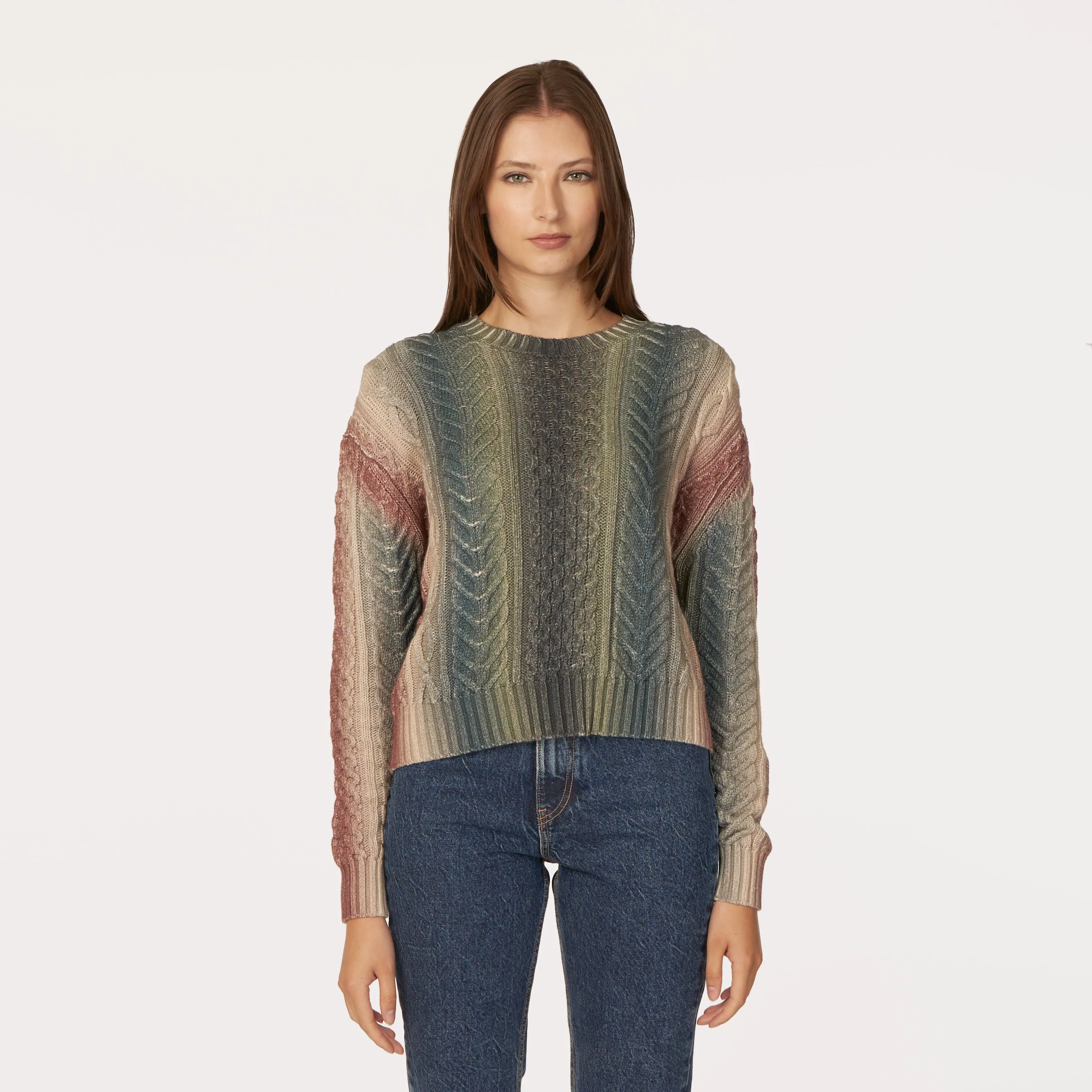 Gradient Stripe Cabled Crew in Military sold by Autumn Cashmere