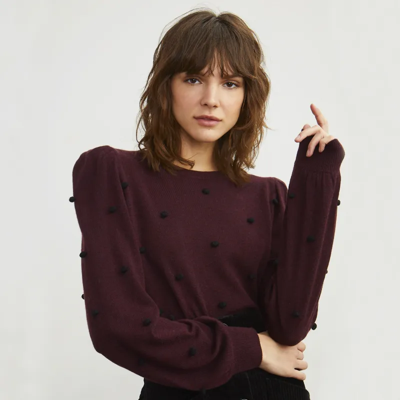 Puff Sleeve Pom Pom Crew in Prune/Black sold by Autumn Cashmere