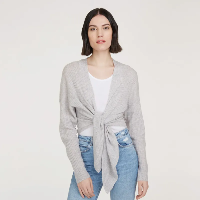 Tie Front Rib Cardigan in Fog sold by Autumn Cashmere