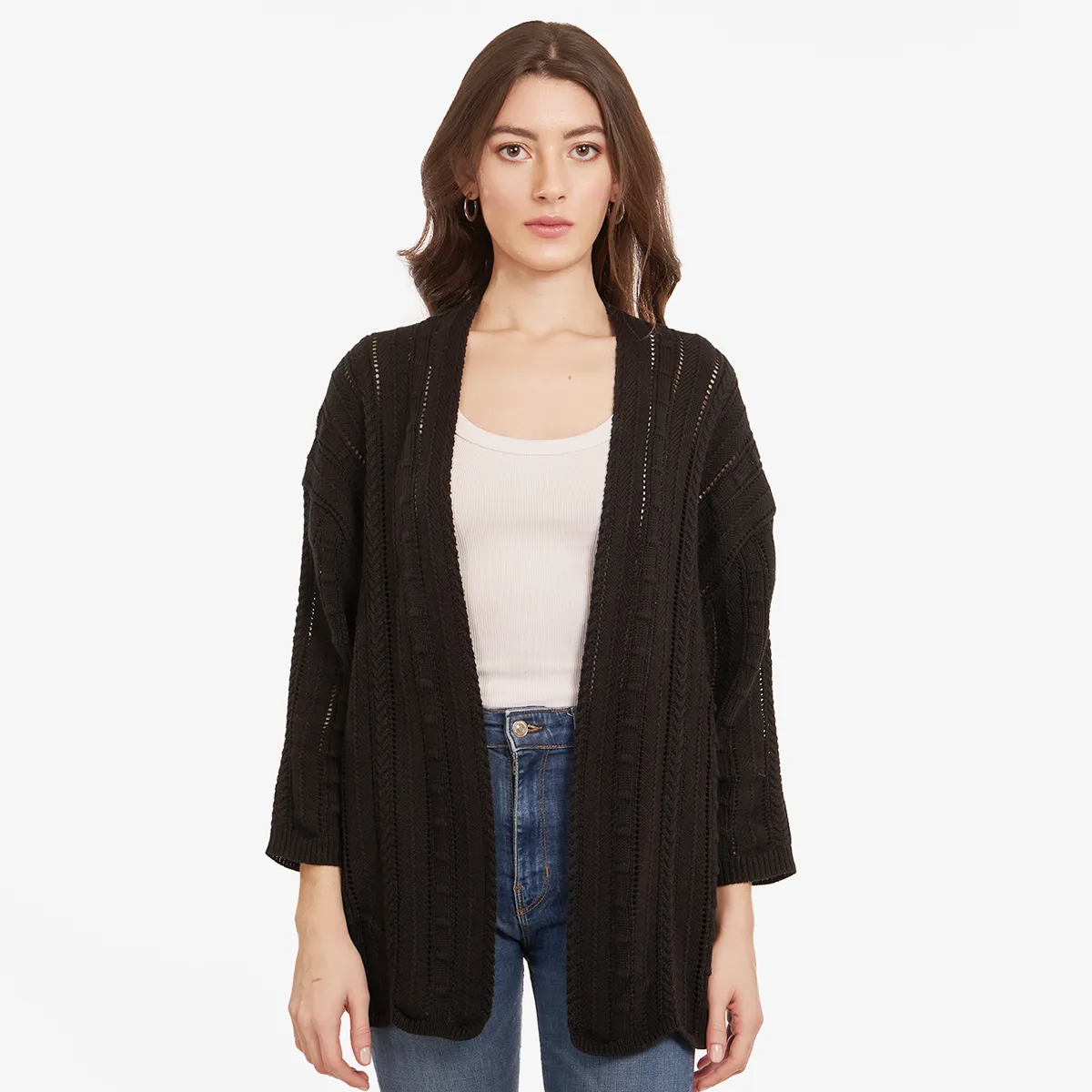 Open Pointelle Duster in Black sold by Autumn Cashmere