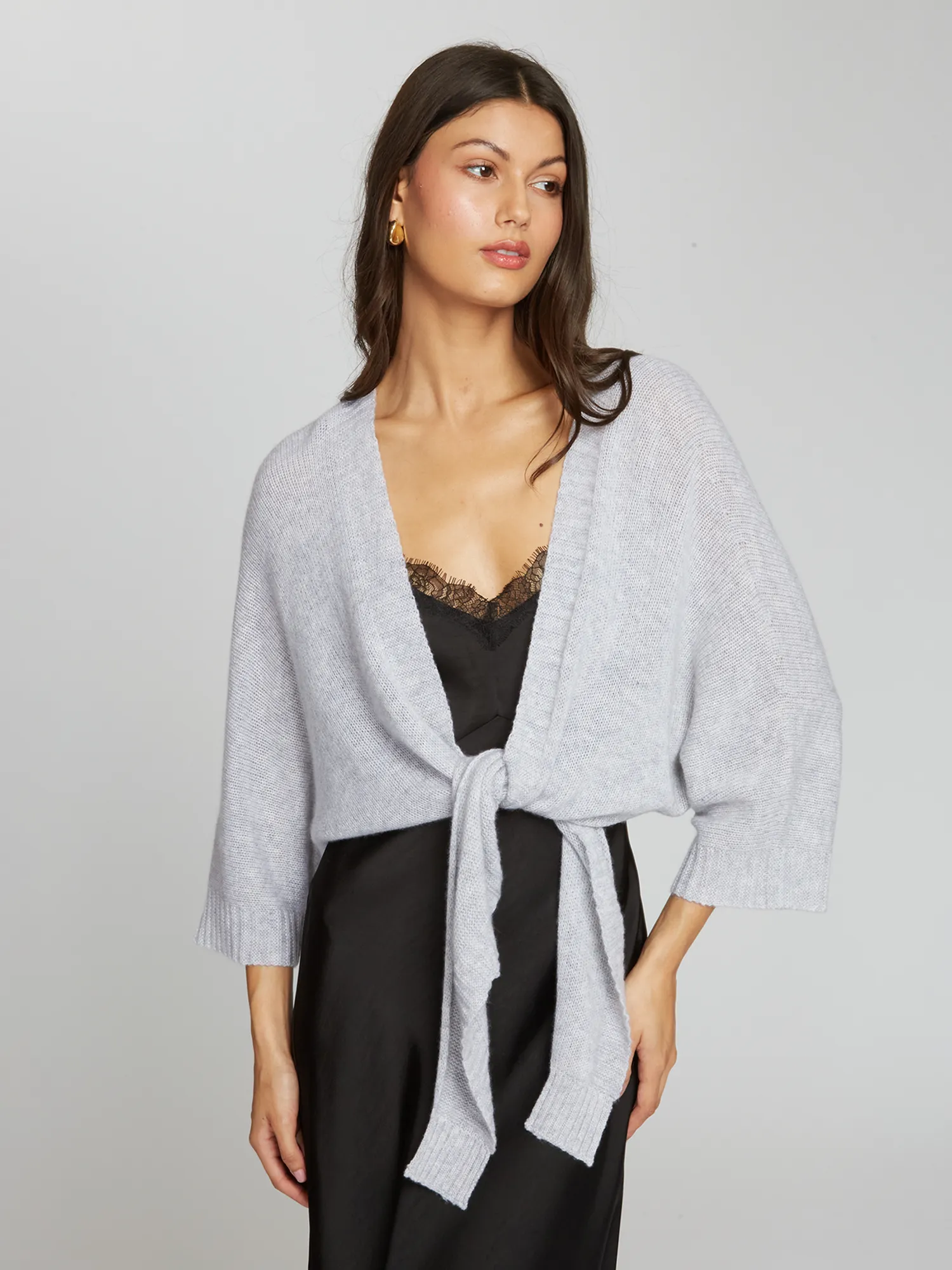Loose Gauge Dolman Tie Front in Cinderblock sold by Autumn Cashmere