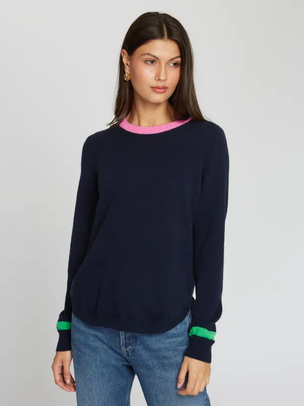 Shirttail Crew W/ Pop Colors in Navy sold by Autumn Cashmere
