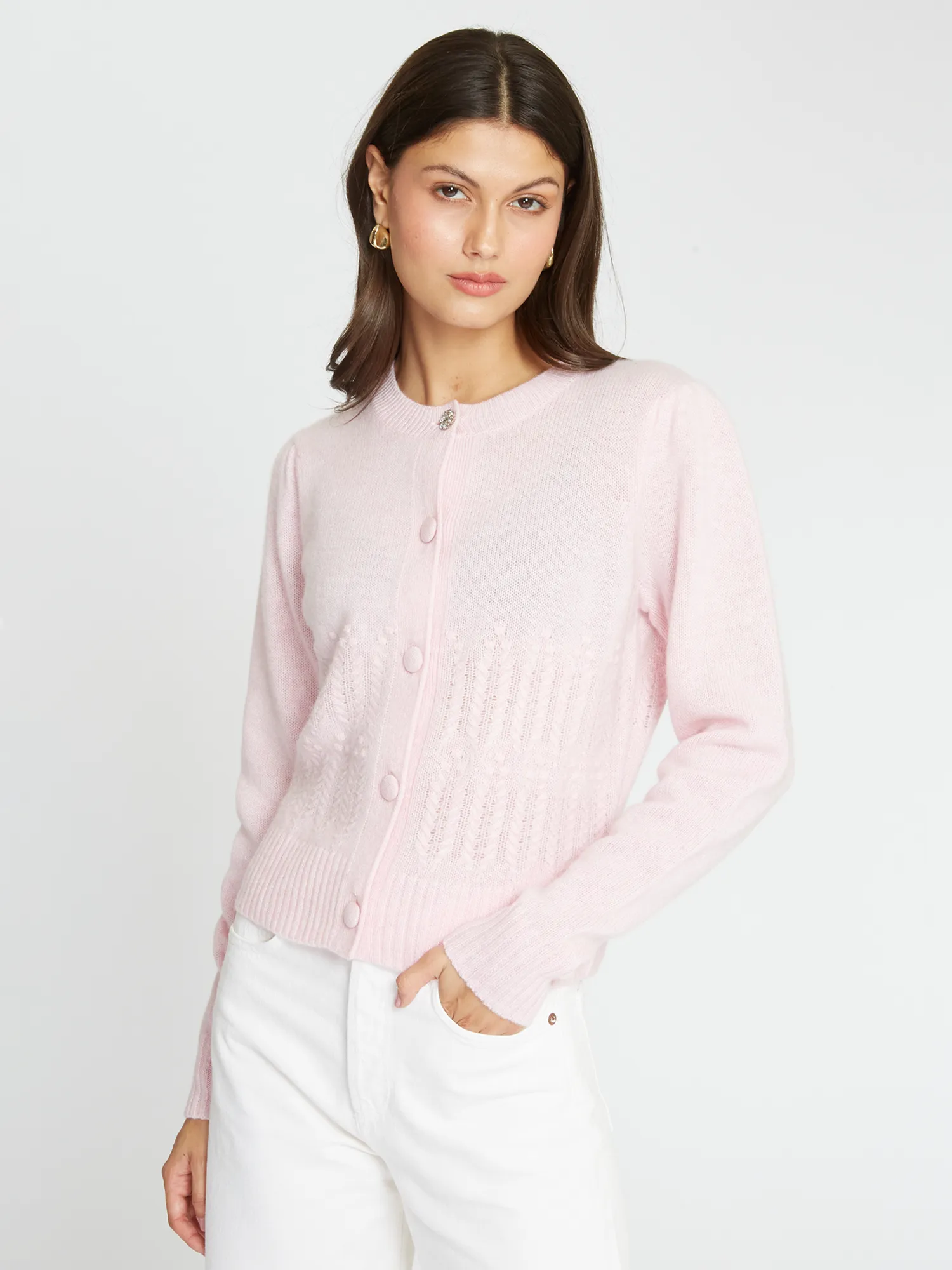 Puff Sleeve Popcorn Stitch Cardigan in Cotton Candy sold by Autumn Cashmere