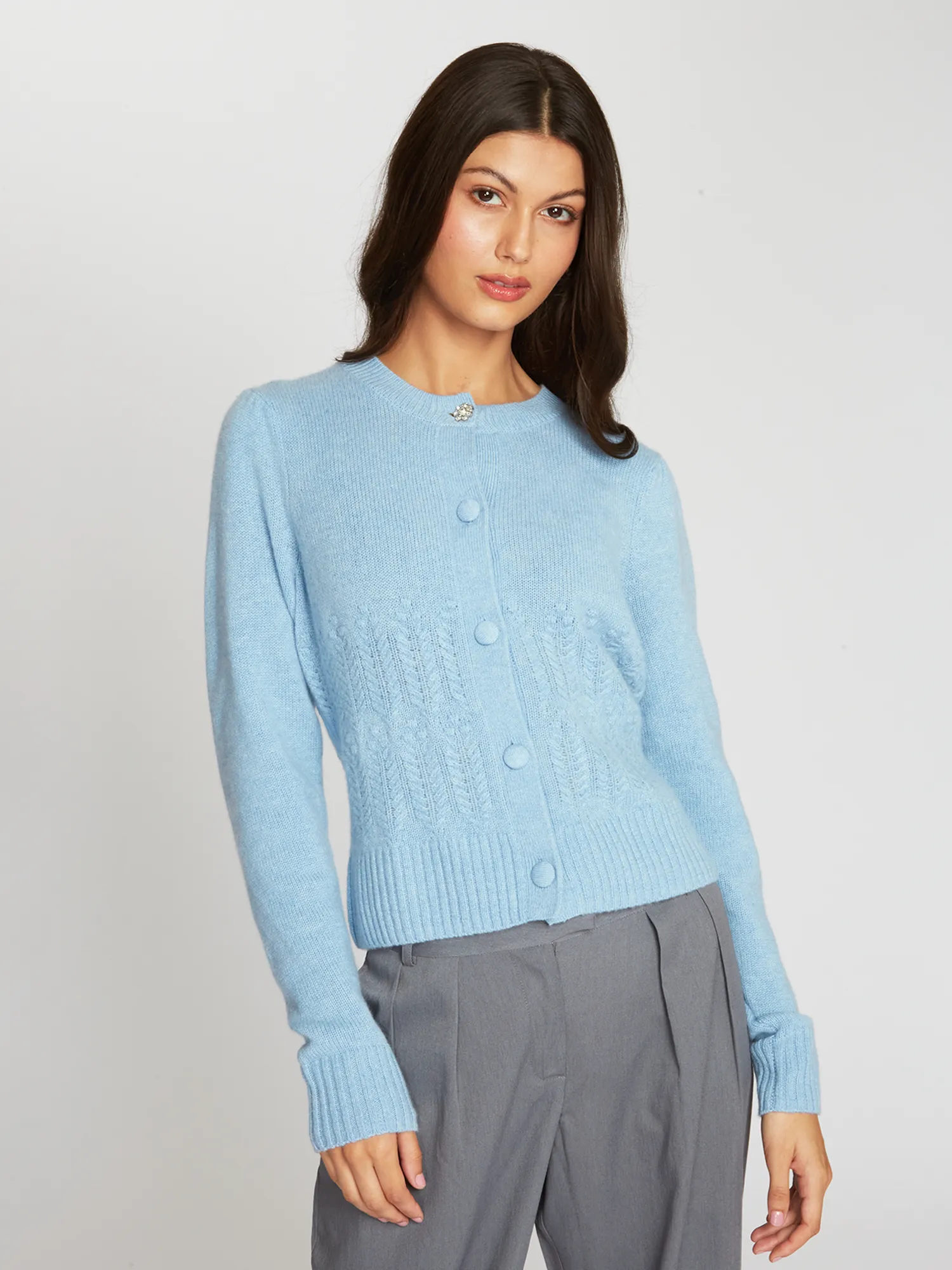 Puff Sleeve Popcorn Stitch Cardigan in Heather sold by Autumn Cashmere