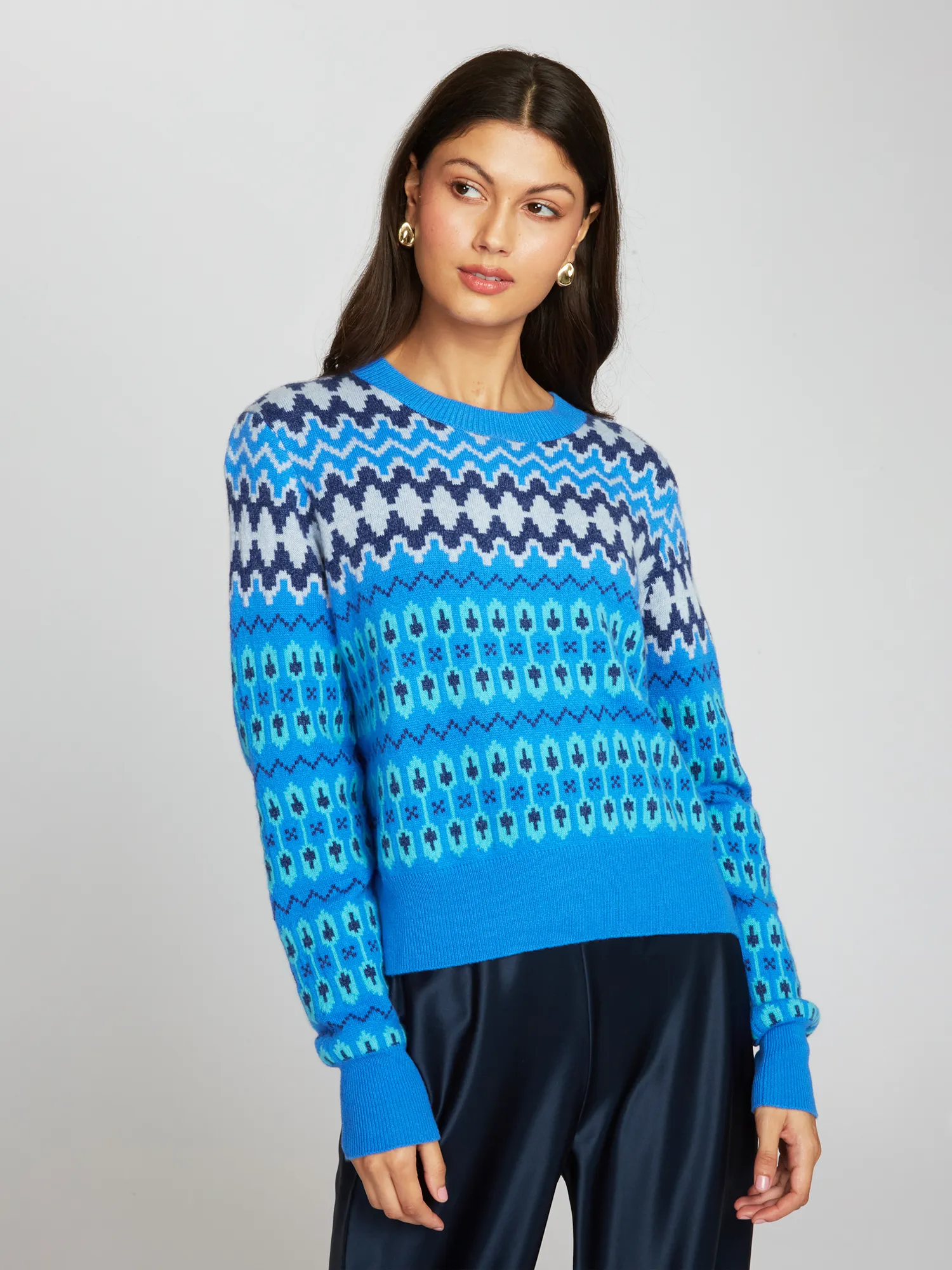 Fair Isle Crew in Blue sold by Autumn Cashmere