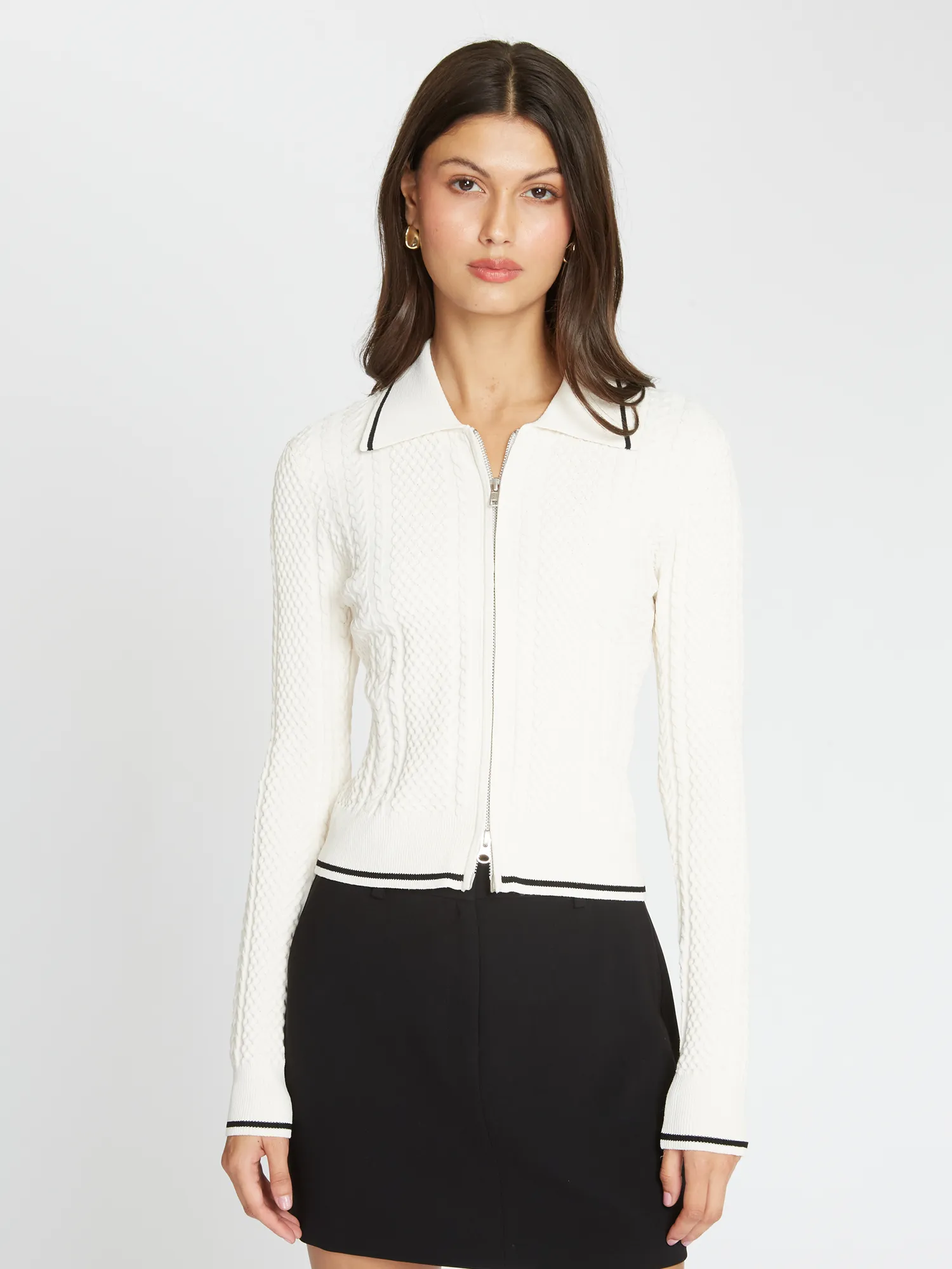 Cable Zip Front Collared Jacket in Sand/Black sold by Autumn Cashmere