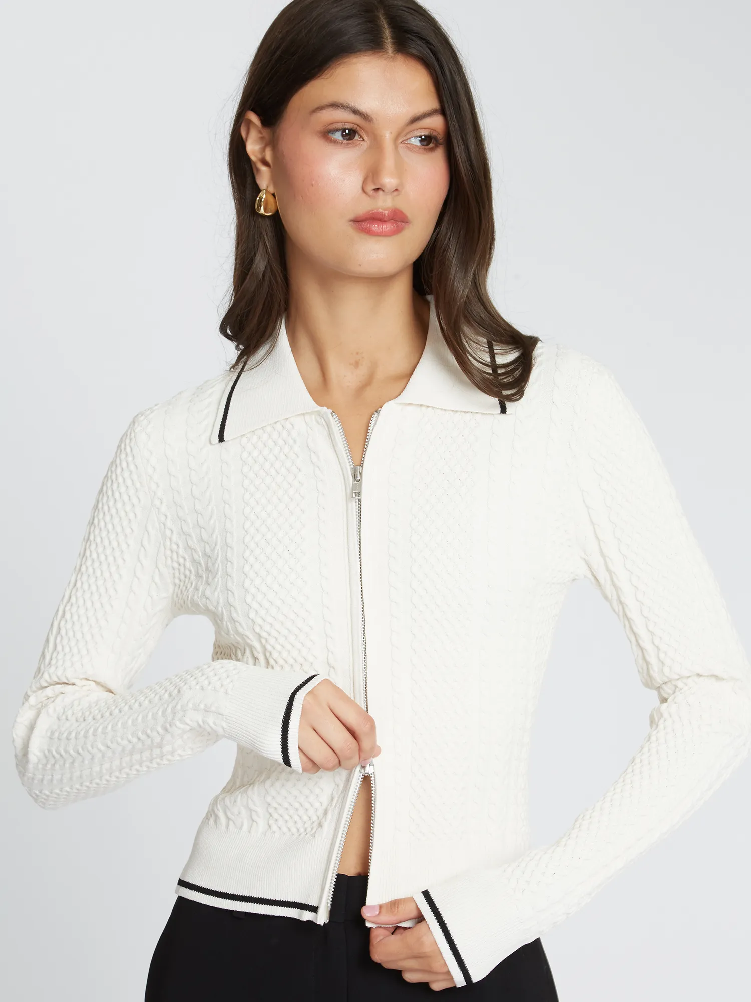 Cable Zip Front Collared Jacket in Sand/Black sold by Autumn Cashmere product image thumbnail 2