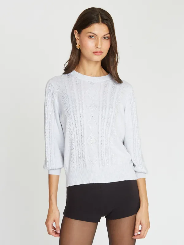 Jeweled Puff Sleeve Cable Crew in Platinum sold by Autumn Cashmere