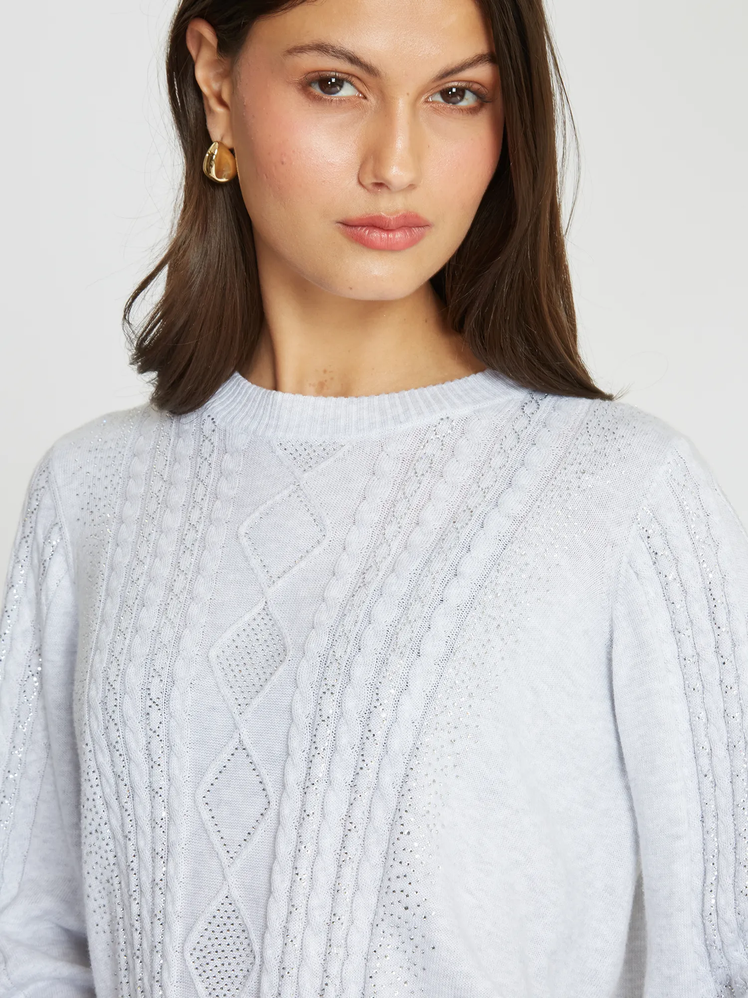 Jeweled Puff Sleeve Cable Crew in Platinum sold by Autumn Cashmere product image thumbnail 3