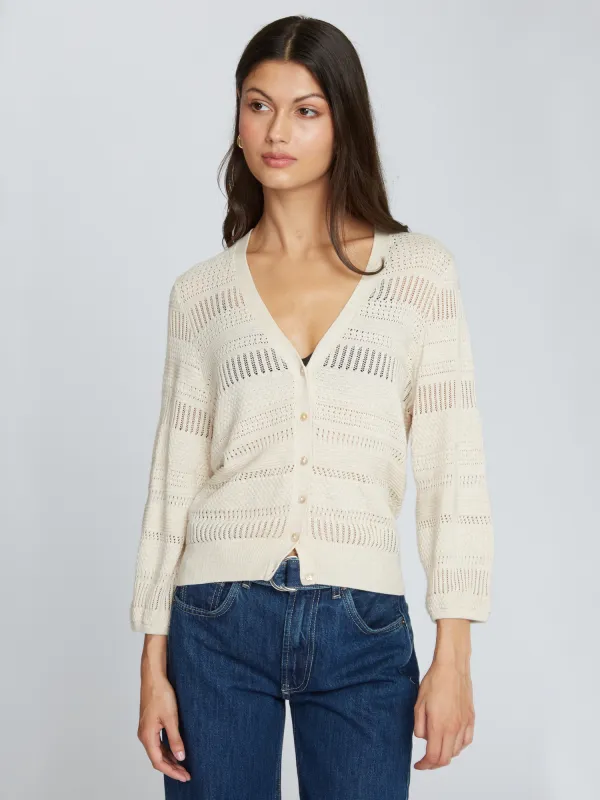 Pointelle 3/4 Puff Sleeve Cardigan in Latte sold by Autumn Cashmere