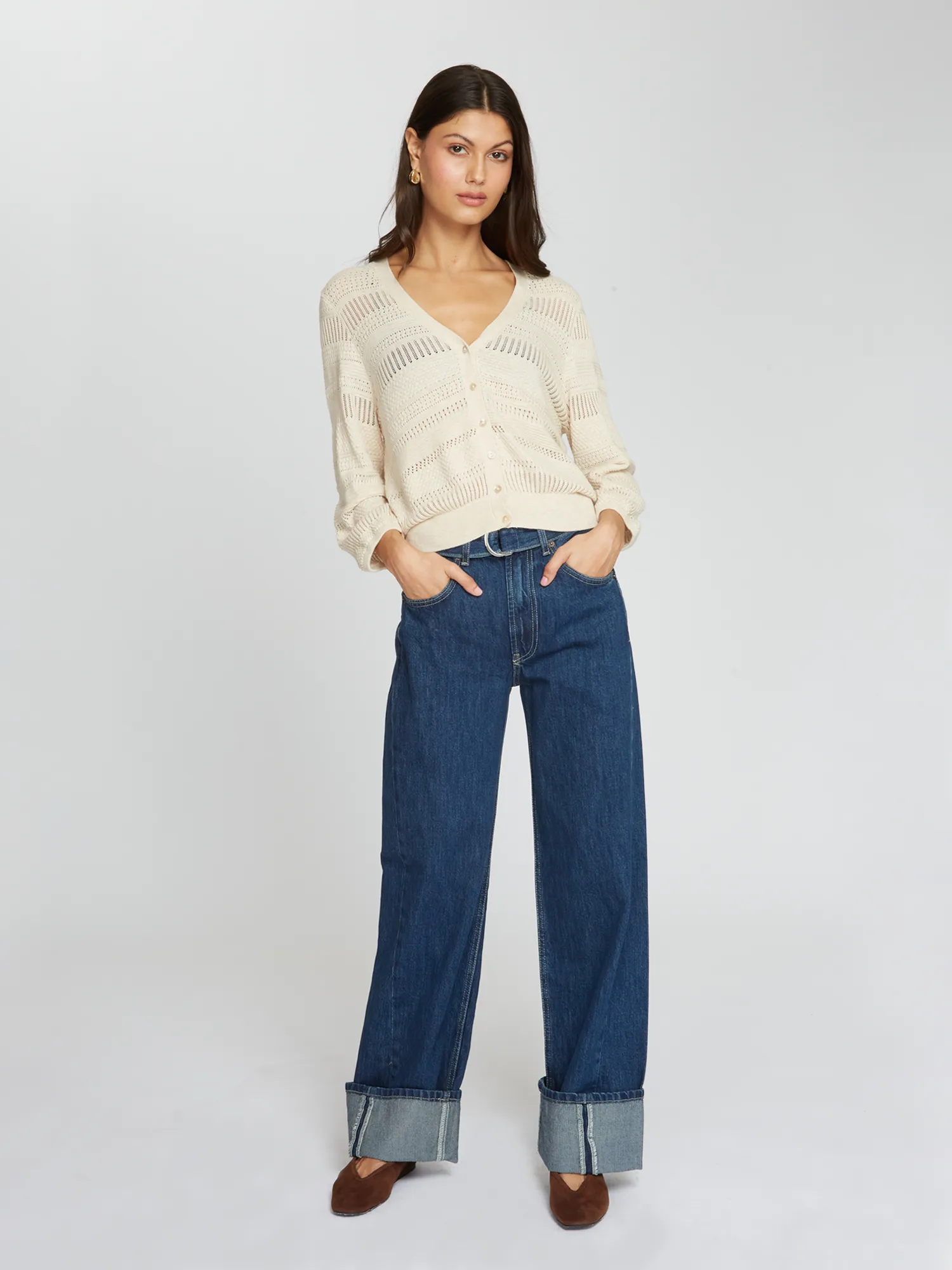 Pointelle 3/4 Puff Sleeve Cardigan in Latte sold by Autumn Cashmere product image thumbnail 2