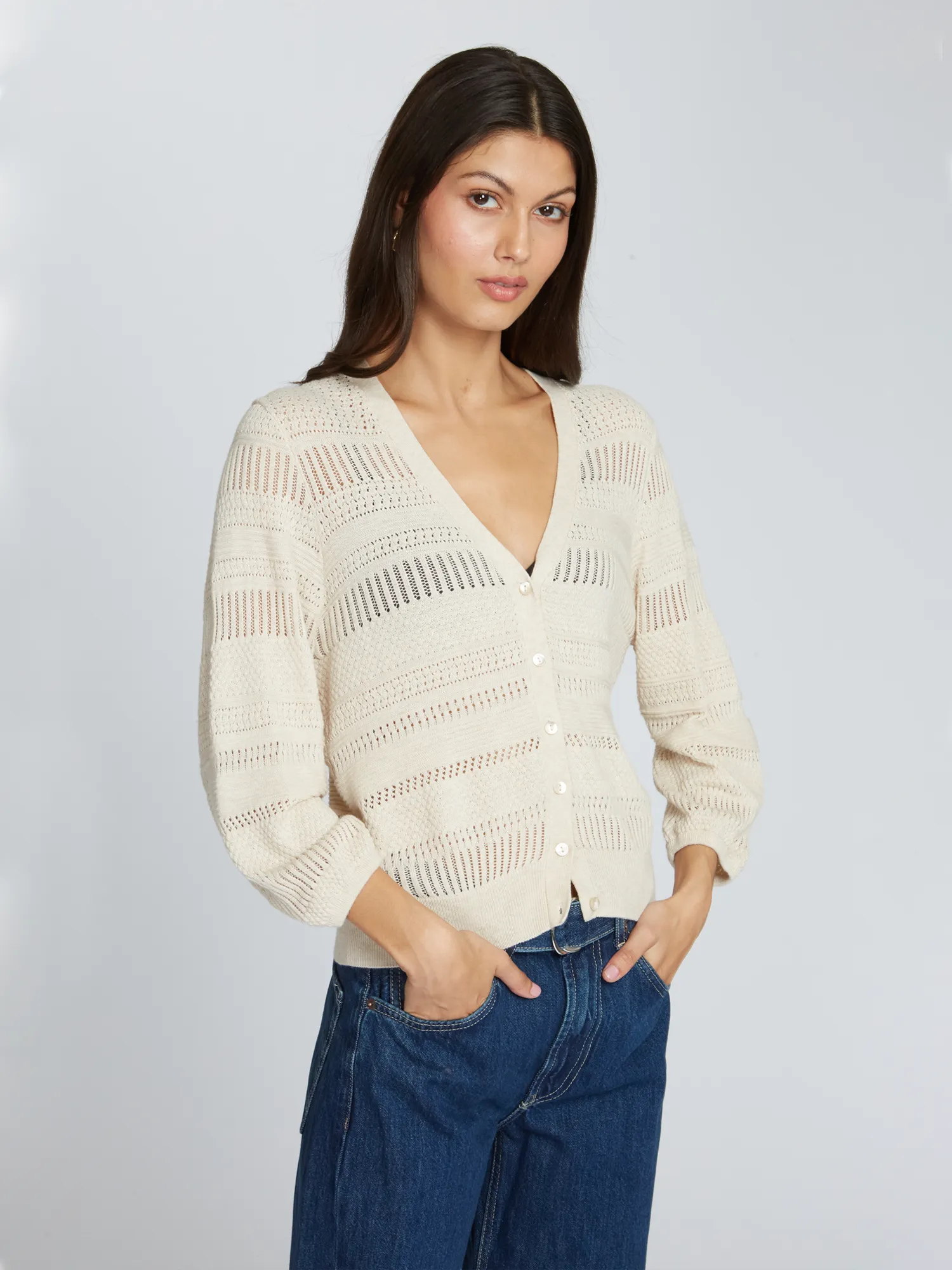 Pointelle 3/4 Puff Sleeve Cardigan in Latte sold by Autumn Cashmere product image thumbnail 4