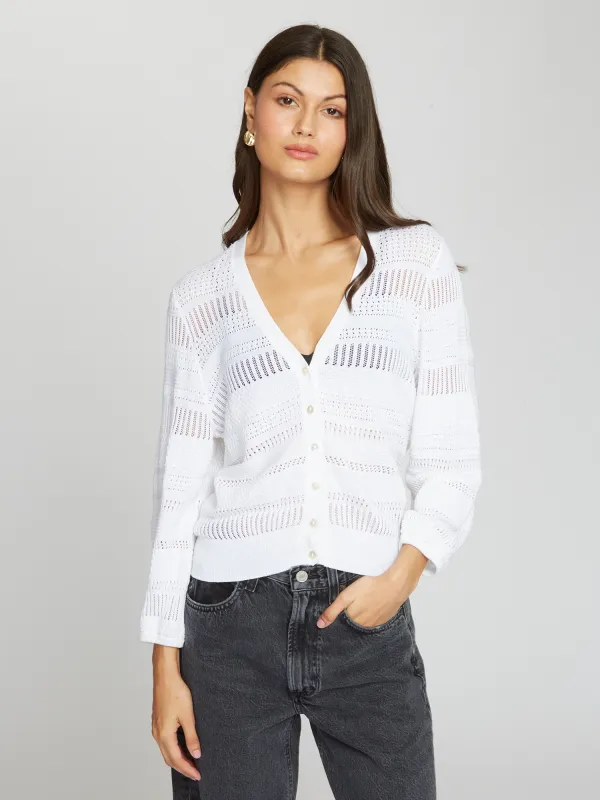 Pointelle 3/4 Puff Sleeve Cardigan in Bleach White sold by Autumn Cashmere