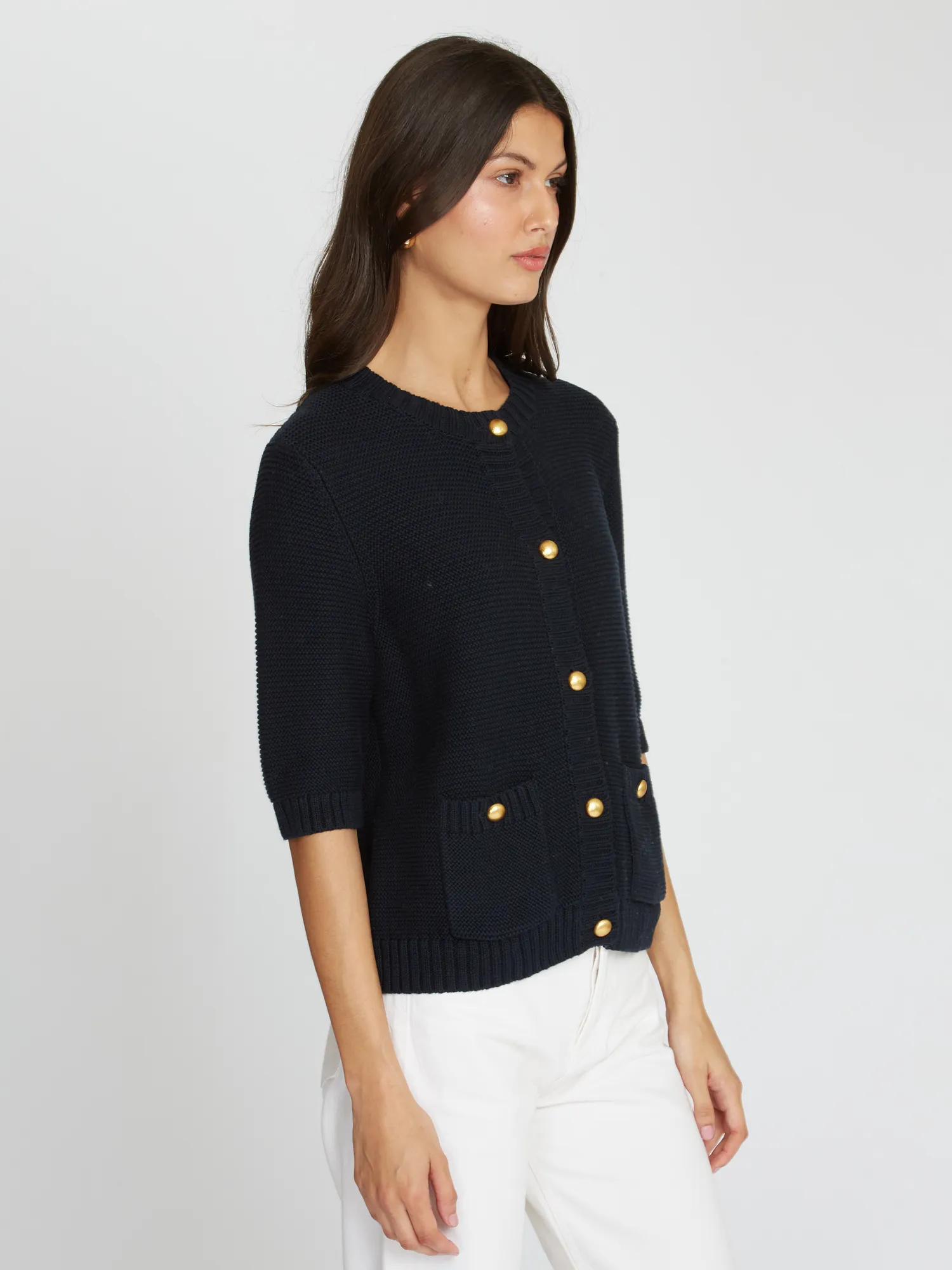 Button Front Elbow Sleeve Jacket W/ Pockets in Navy sold by Autumn Cashmere product image thumbnail 4