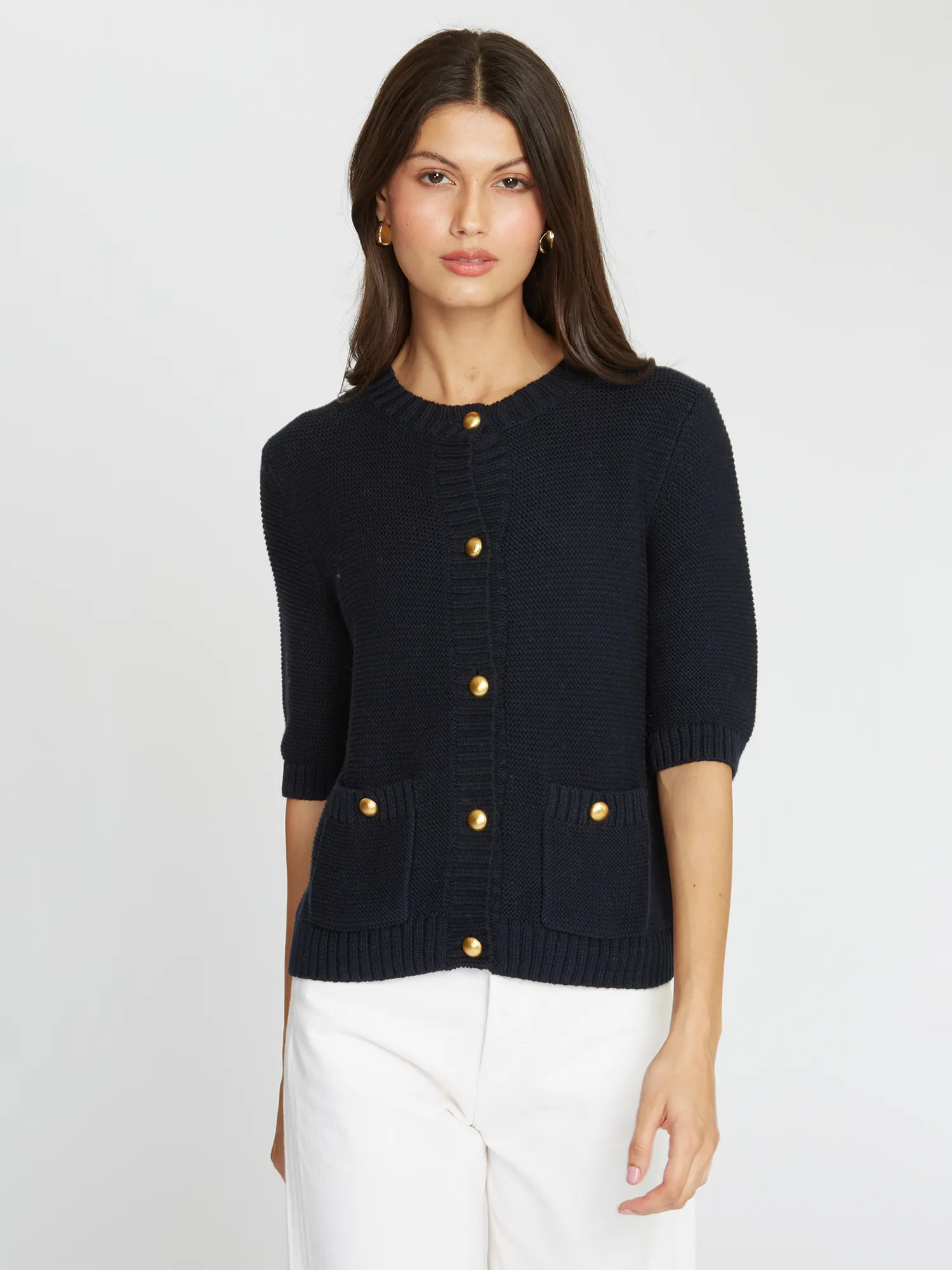 Button Front Elbow Sleeve Jacket W/ Pockets in Navy sold by Autumn Cashmere