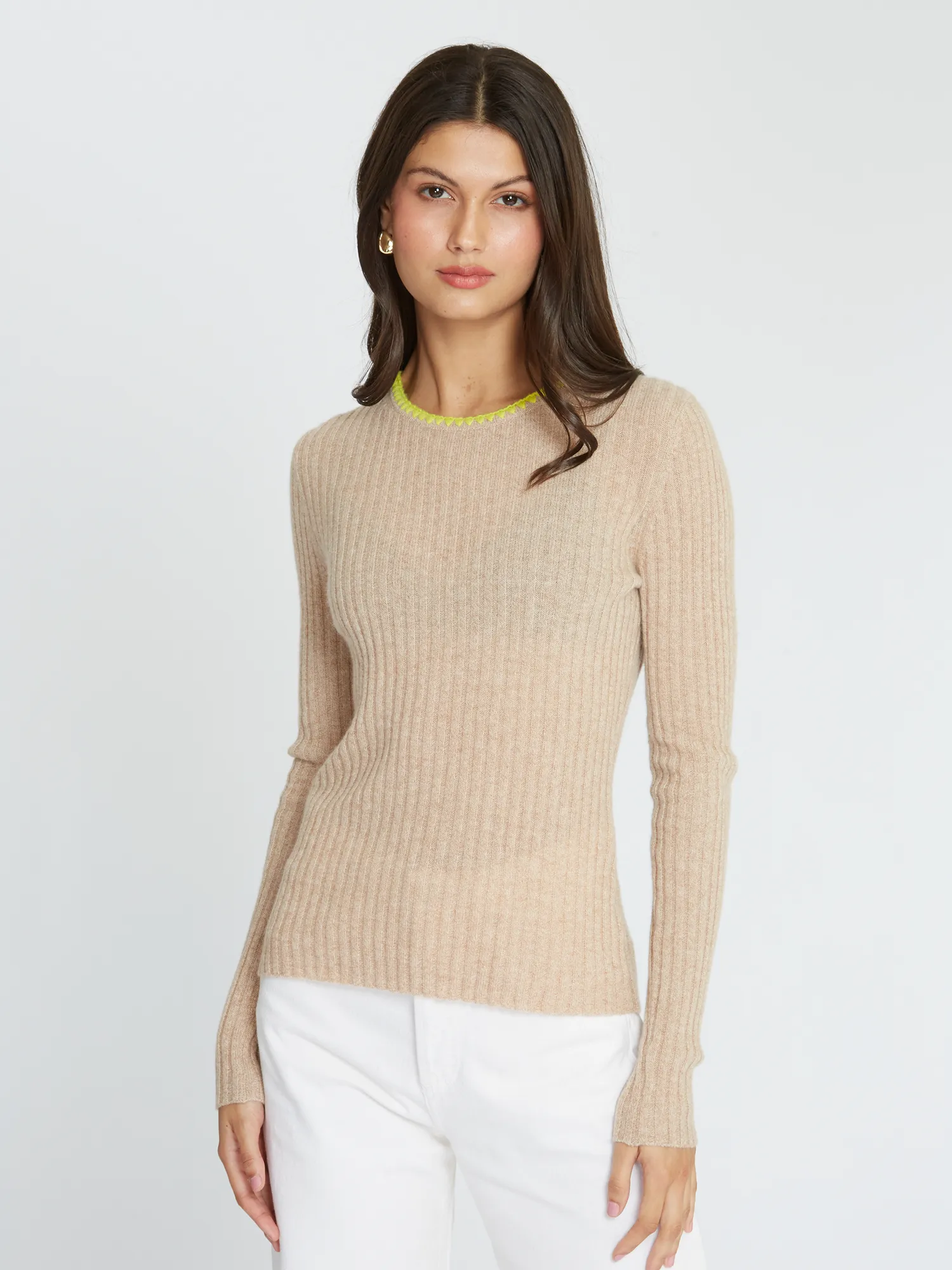 Rib Crew W/ Blanket Stitch Neckline in Buckwheat/Laser Lemon sold by Autumn Cashmere