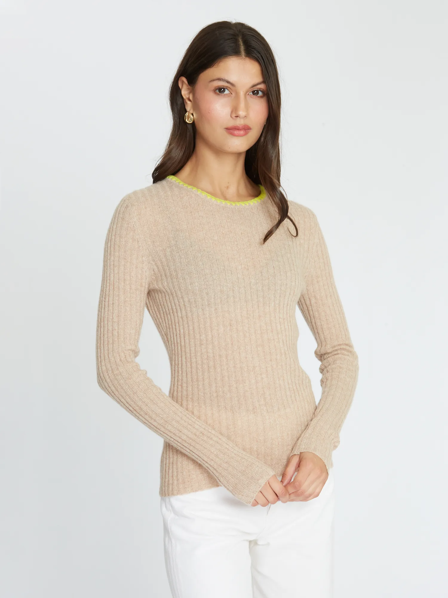 Rib Crew W/ Blanket Stitch Neckline in Buckwheat/Laser Lemon sold by Autumn Cashmere product image thumbnail 5