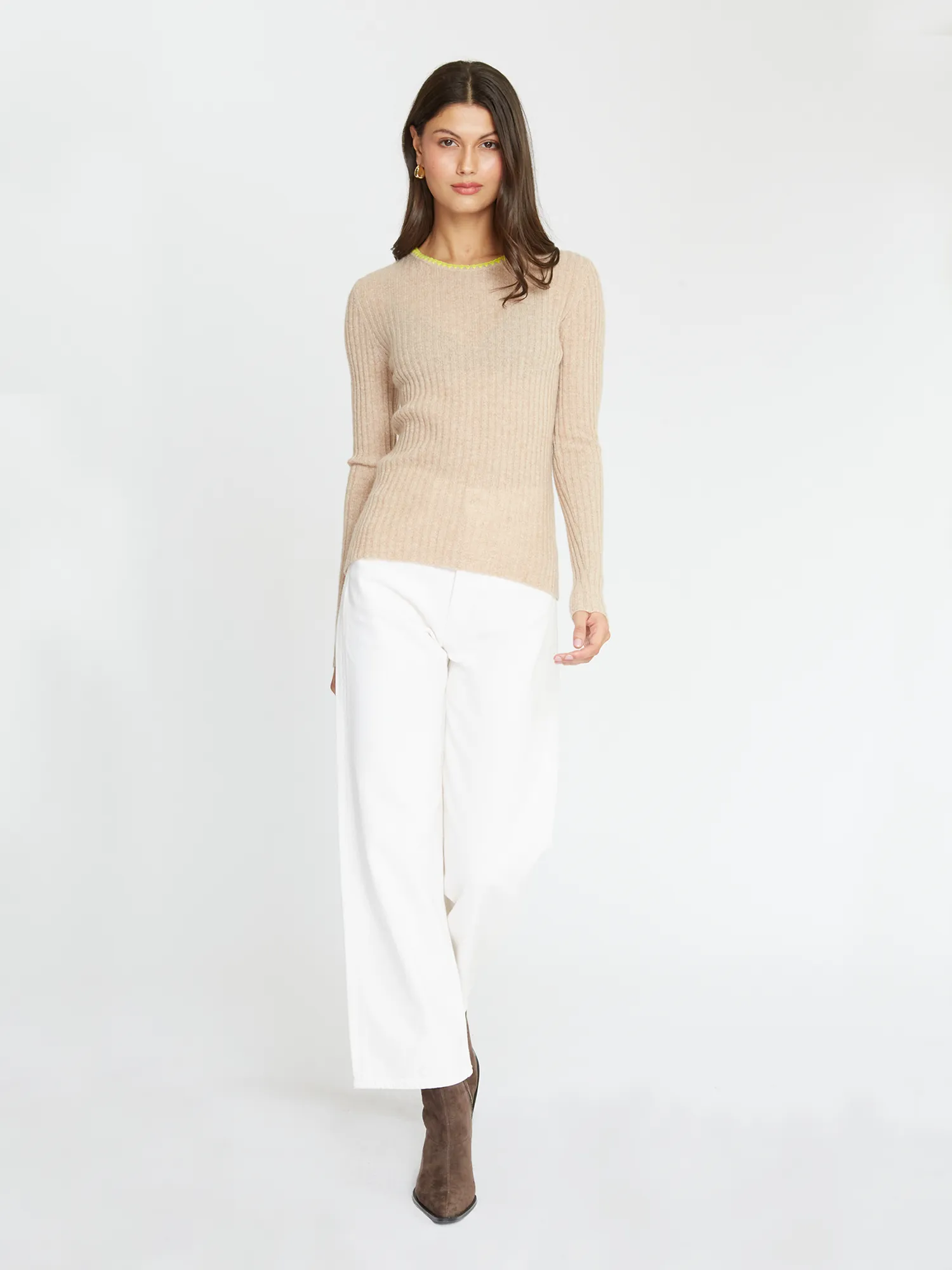 Rib Crew W/ Blanket Stitch Neckline in Buckwheat/Laser Lemon sold by Autumn Cashmere product image thumbnail 2