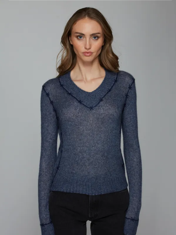 Fitted V w/ Embroidered Seam in Denim made by Autumn Cashmere