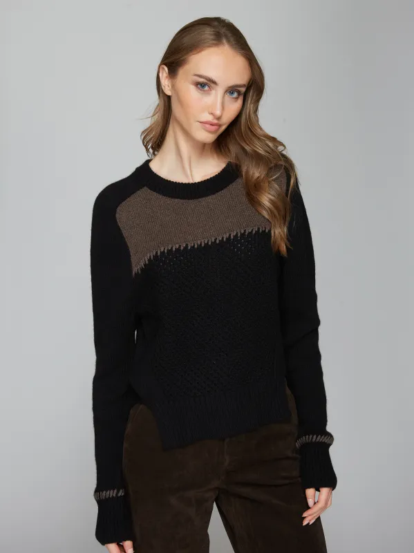 Boxy Crew w/ Contrast Yoke & Whipstitching in Black/Mulch sold by Autumn Cashmere