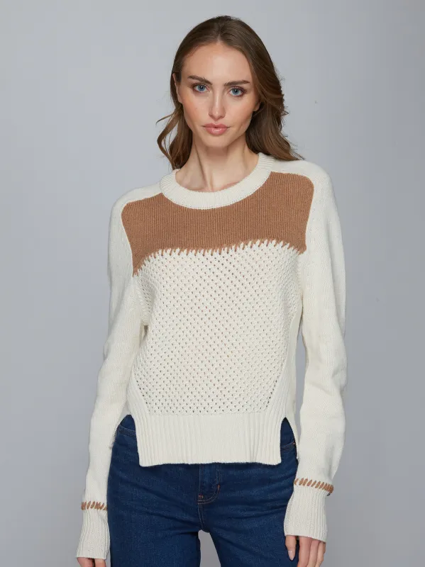 Boxy Crew w/ Contrast Yoke & Whipstitching in Vanilla/Camel sold by Autumn Cashmere