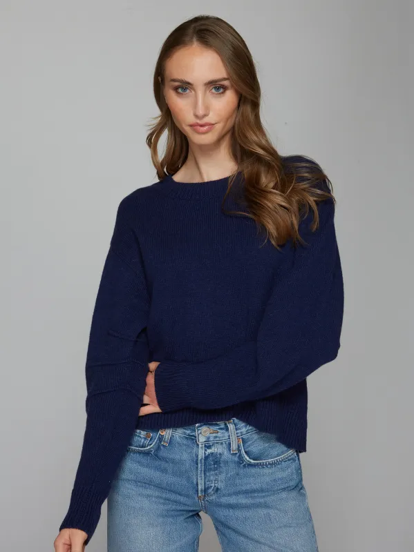 Hi Lo Pleat Sleeve Crew in Navy sold by Autumn Cashmere