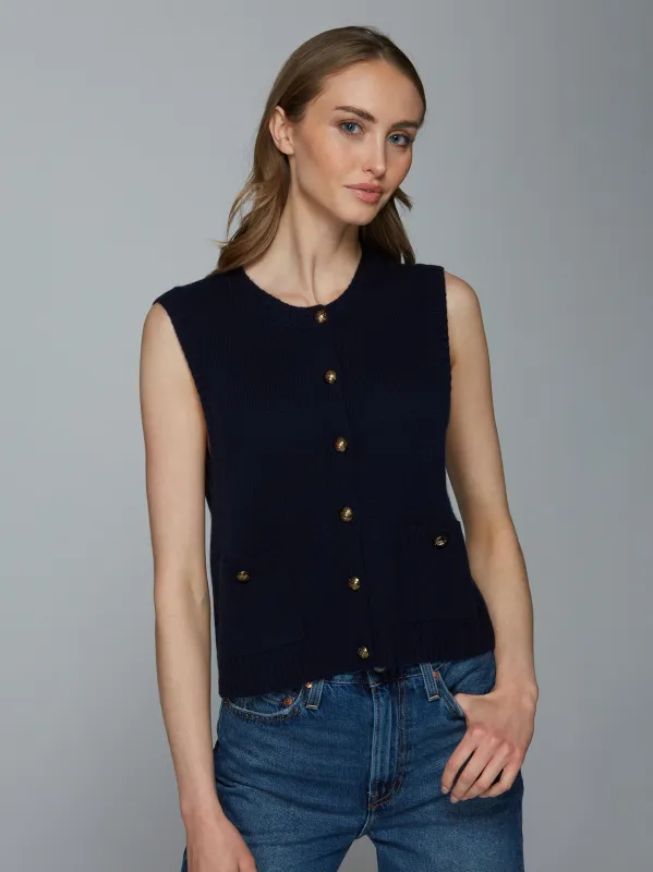Button Front Vest w/ Pockets in Navy sold by Autumn Cashmere