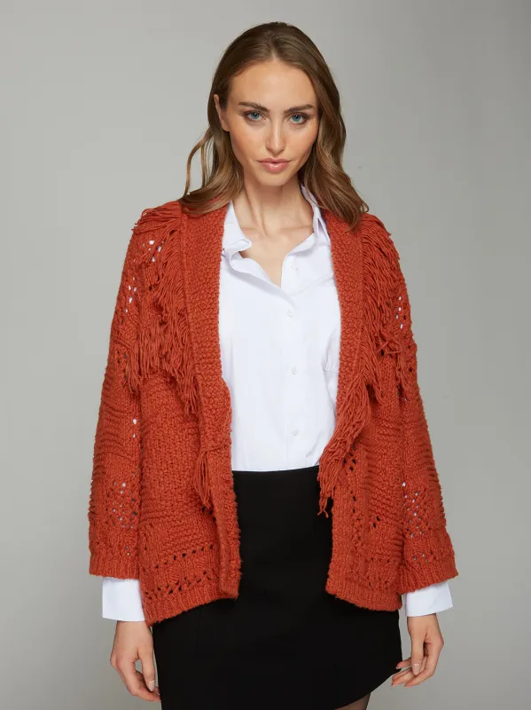 Southwest Fringed Cotton Shawl Collar Throw in Persimmon sold by Autumn Cashmere