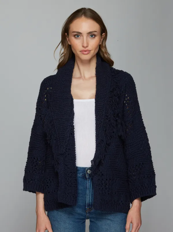 Southwest Fringed Cotton Shawl Collar Throw in Navy sold by Autumn Cashmere