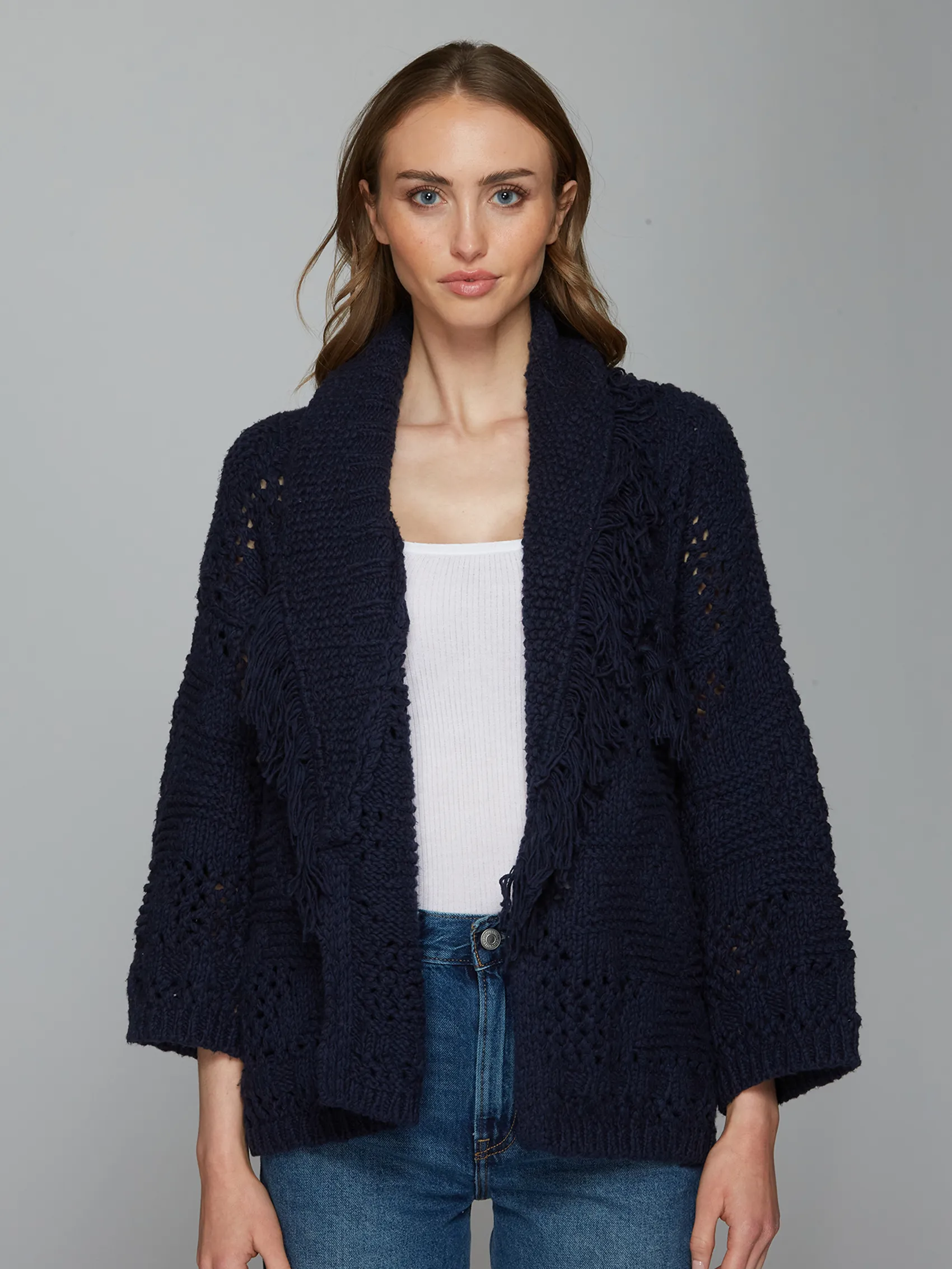 Southwest Fringed Cotton Shawl Collar Throw in Navy sold by Autumn Cashmere