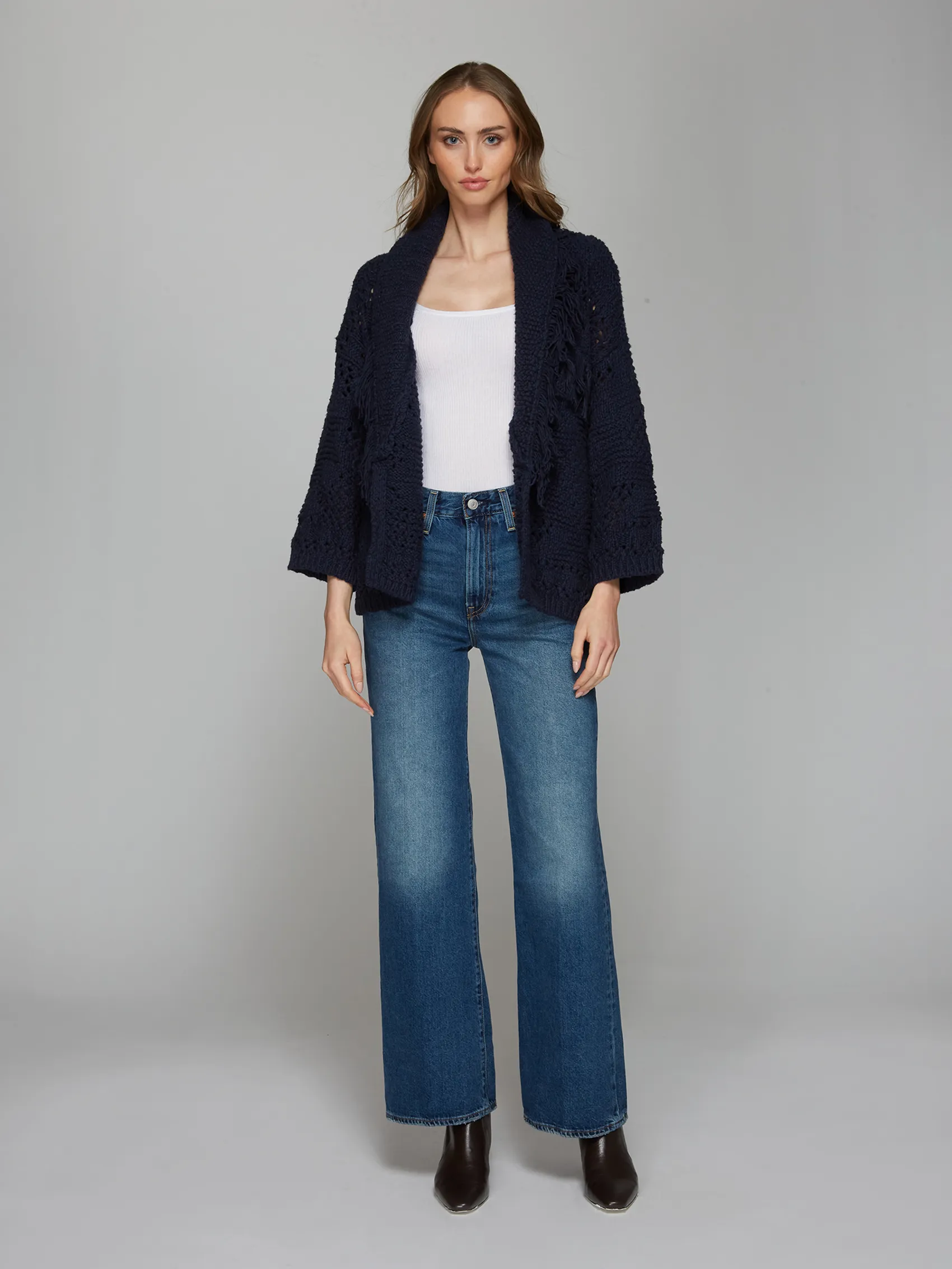 Southwest Fringed Cotton Shawl Collar Throw in Navy sold by Autumn Cashmere product image thumbnail 2