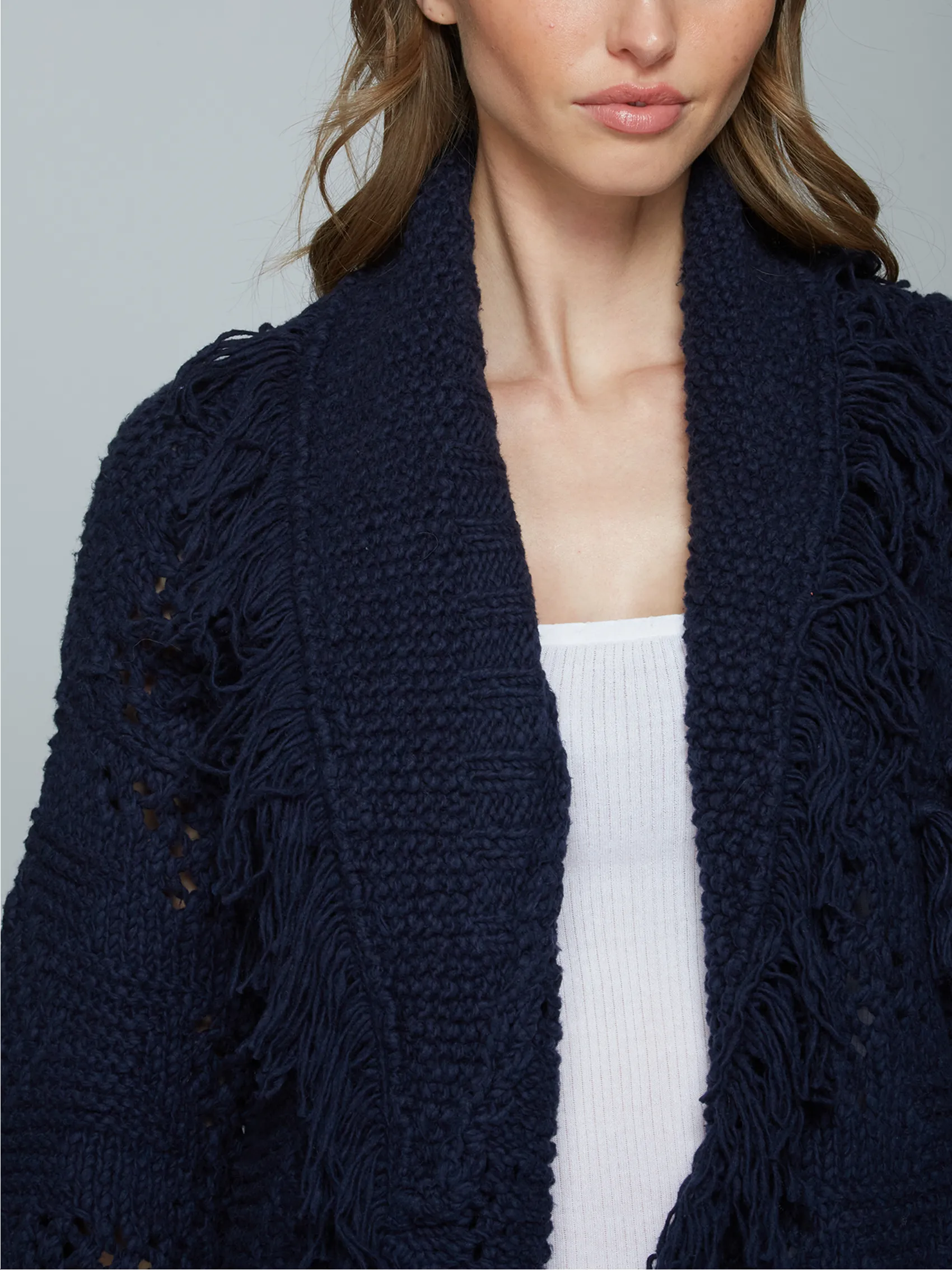 Southwest Fringed Cotton Shawl Collar Throw in Navy sold by Autumn Cashmere product image thumbnail 5