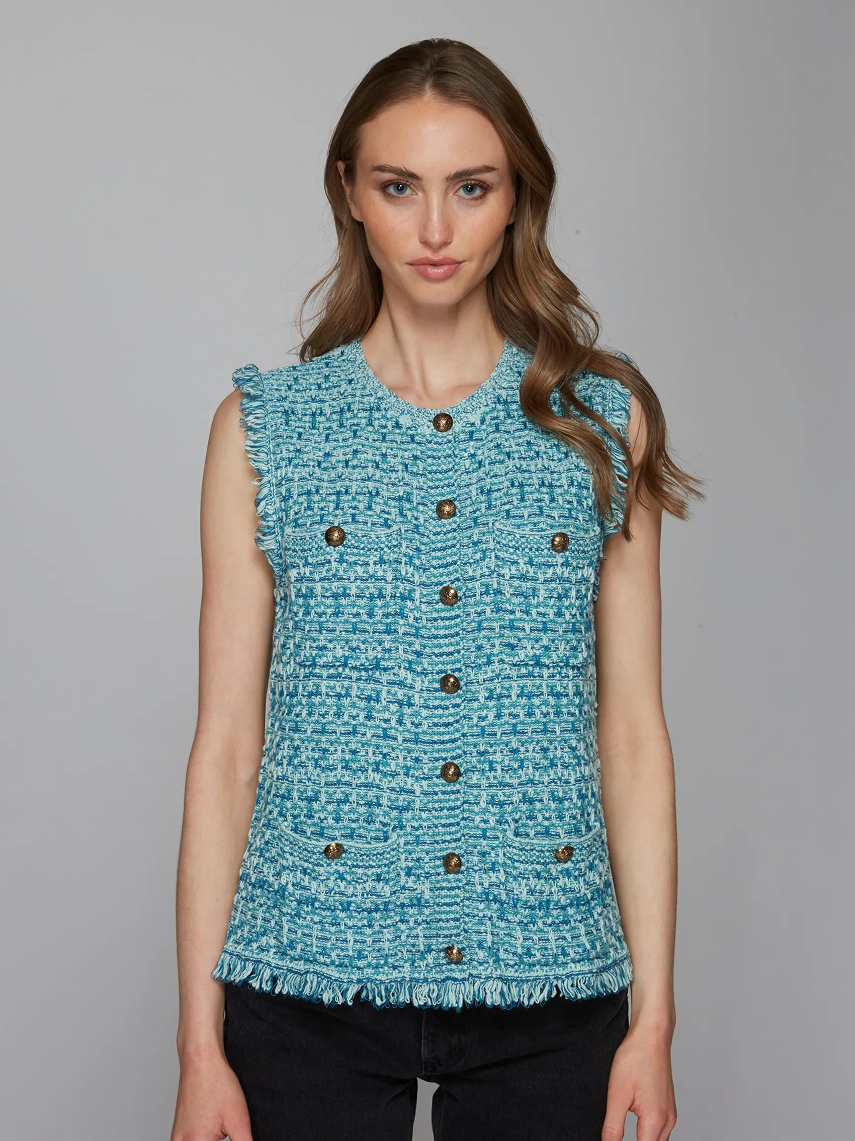 Long Tweed Vest W/ Fringe in Peacock Combo sold by Autumn Cashmere