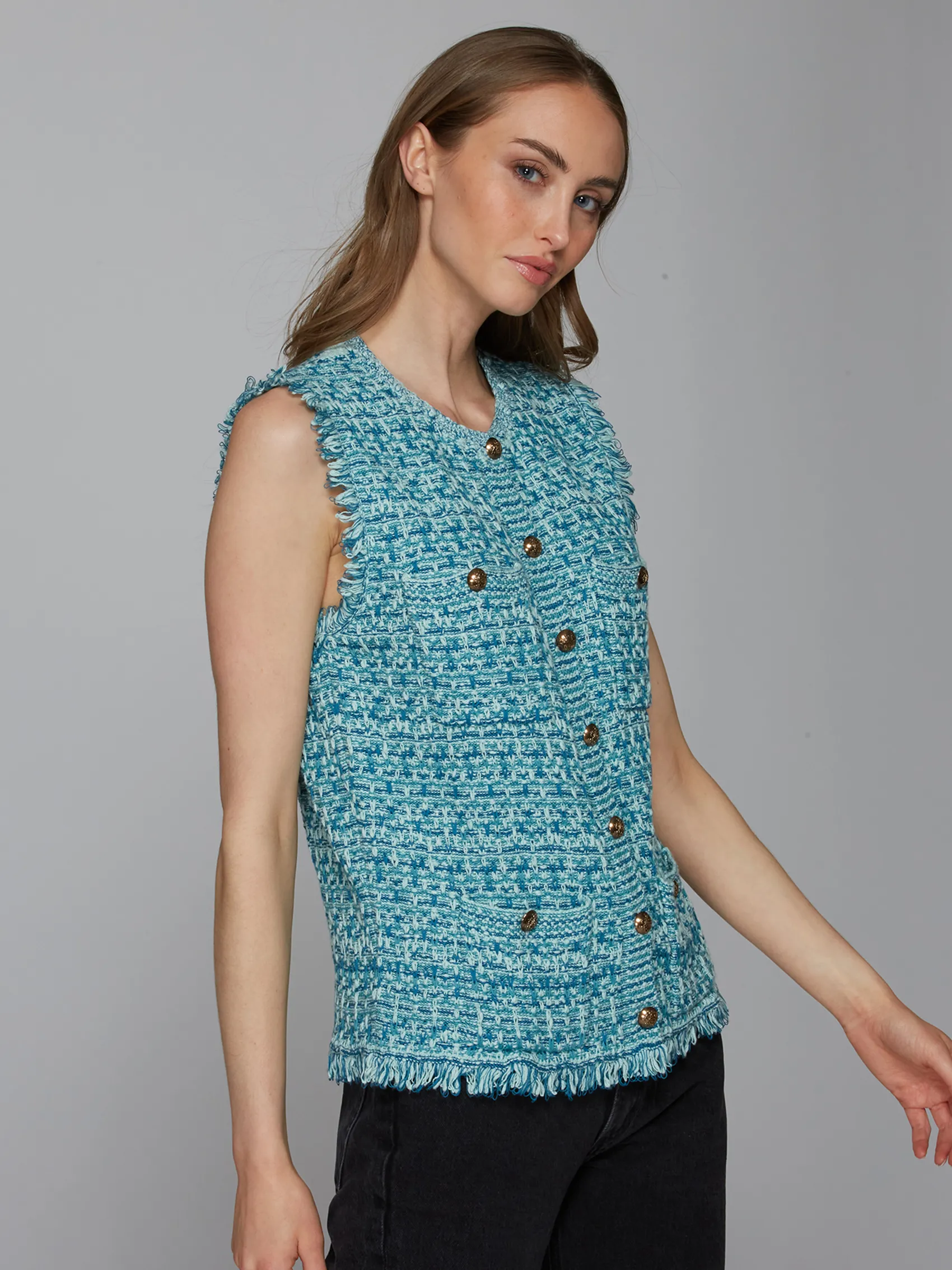 Long Tweed Vest W/ Fringe in Peacock Combo sold by Autumn Cashmere product image thumbnail 4