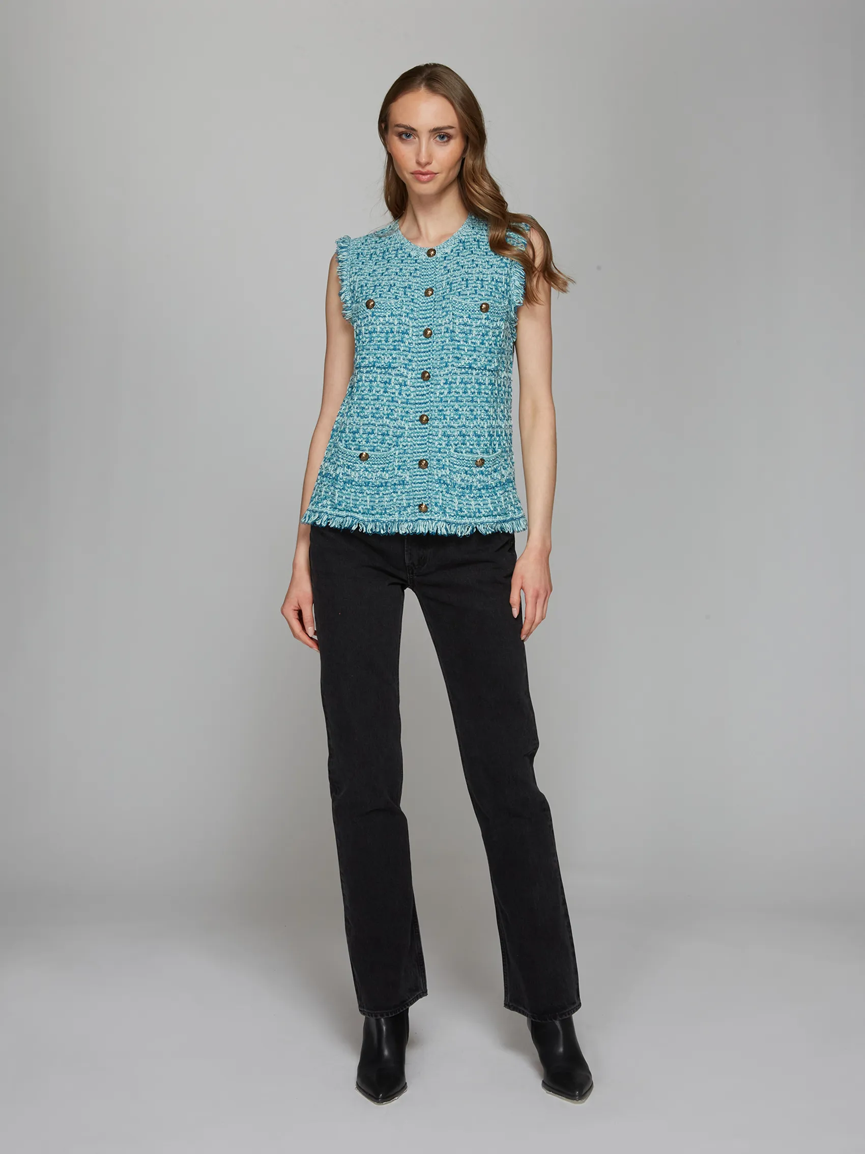 Long Tweed Vest W/ Fringe in Peacock Combo sold by Autumn Cashmere product image thumbnail 2