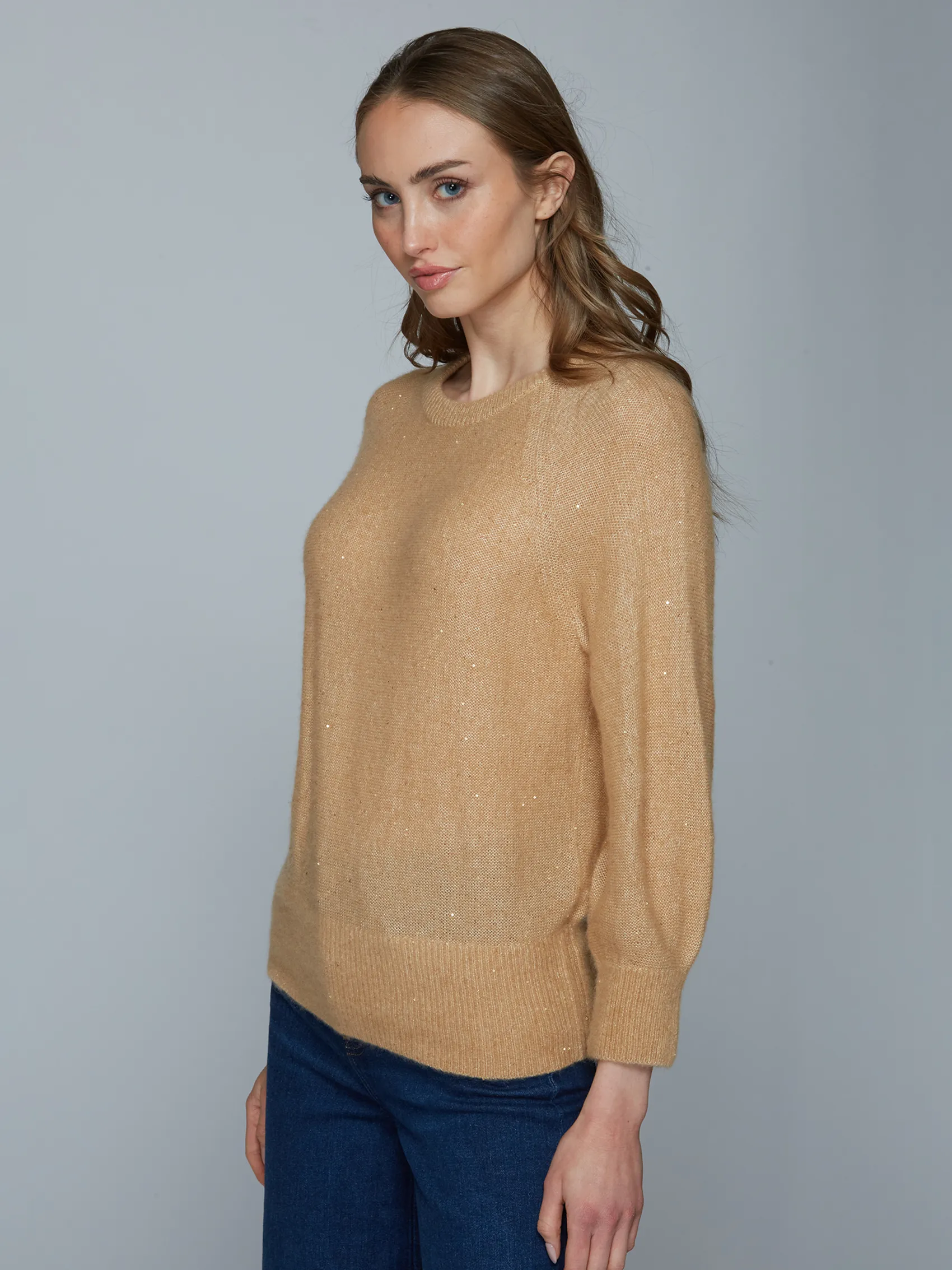 Sequin Blouson Sleeve Raglan Crew in Buckskin sold by Autumn Cashmere product image thumbnail 3